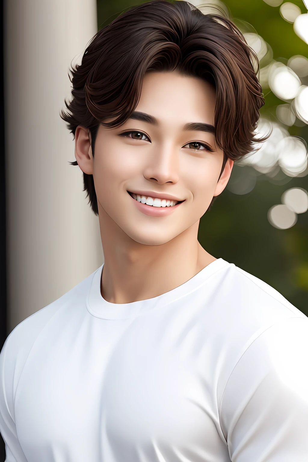 oppav3, (masterpiece, super quality, high resolution, 8k, complex: 1.2), (detailed face: 1.2), (wearing a white shirt: 1.5), handsome, detailed skin, pores, absurdity, lump, 1 boy, male focus, (realistic)), good lighting quality, delicate body, hallyu idol, ((pale skin)), bend, balanced eyes, brown eyes, smile, white teeth, smooth hair