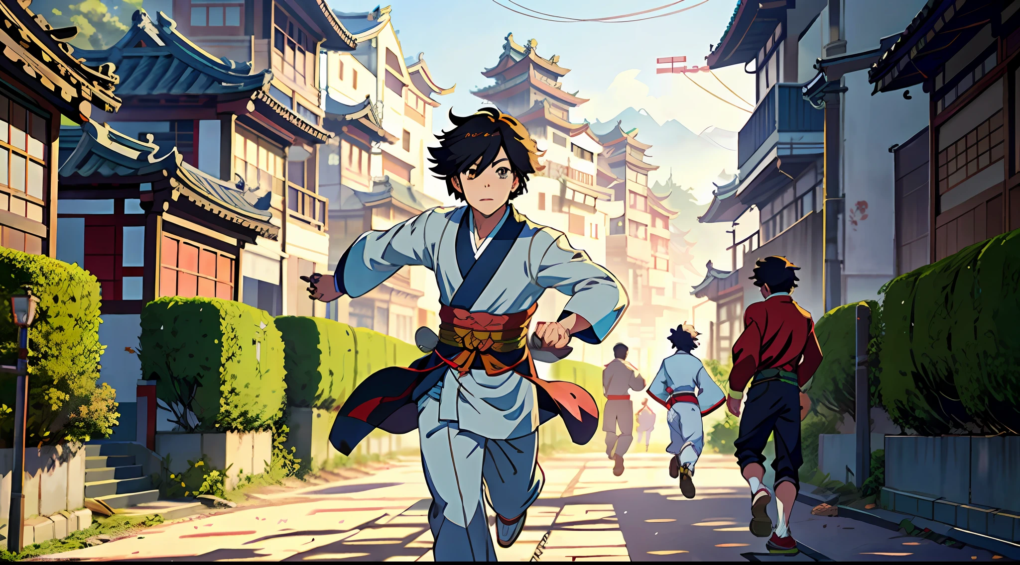 Anime characters running on the streets of an ancient Chinese village, 4K anime style, in style of kyoto animation, Anime boy runs, palace，A boy in a Hanfu, Estilo de Makoto Shinkai, Guvez style artwork, Works by Artgerm and Atey Ghailan, Yang J.