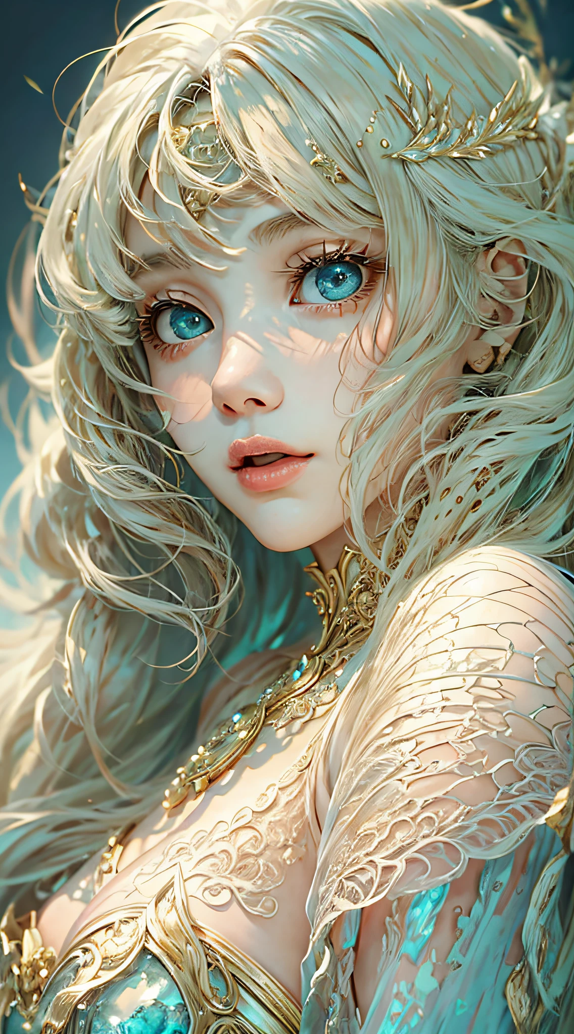 (best qualtiy), ((tmasterpiece)), 1个Giant Breast Girl,(独奏),full-body portraits, Delicate face, looking at viewert, Firm eyes, exposed bare shoulders,Exquisitehands, Um ser celestial, light particules, The halo,the ocean, Full of energy, Colorful colors, (Bio-luminescence),(Detailed composition), 电影灯光