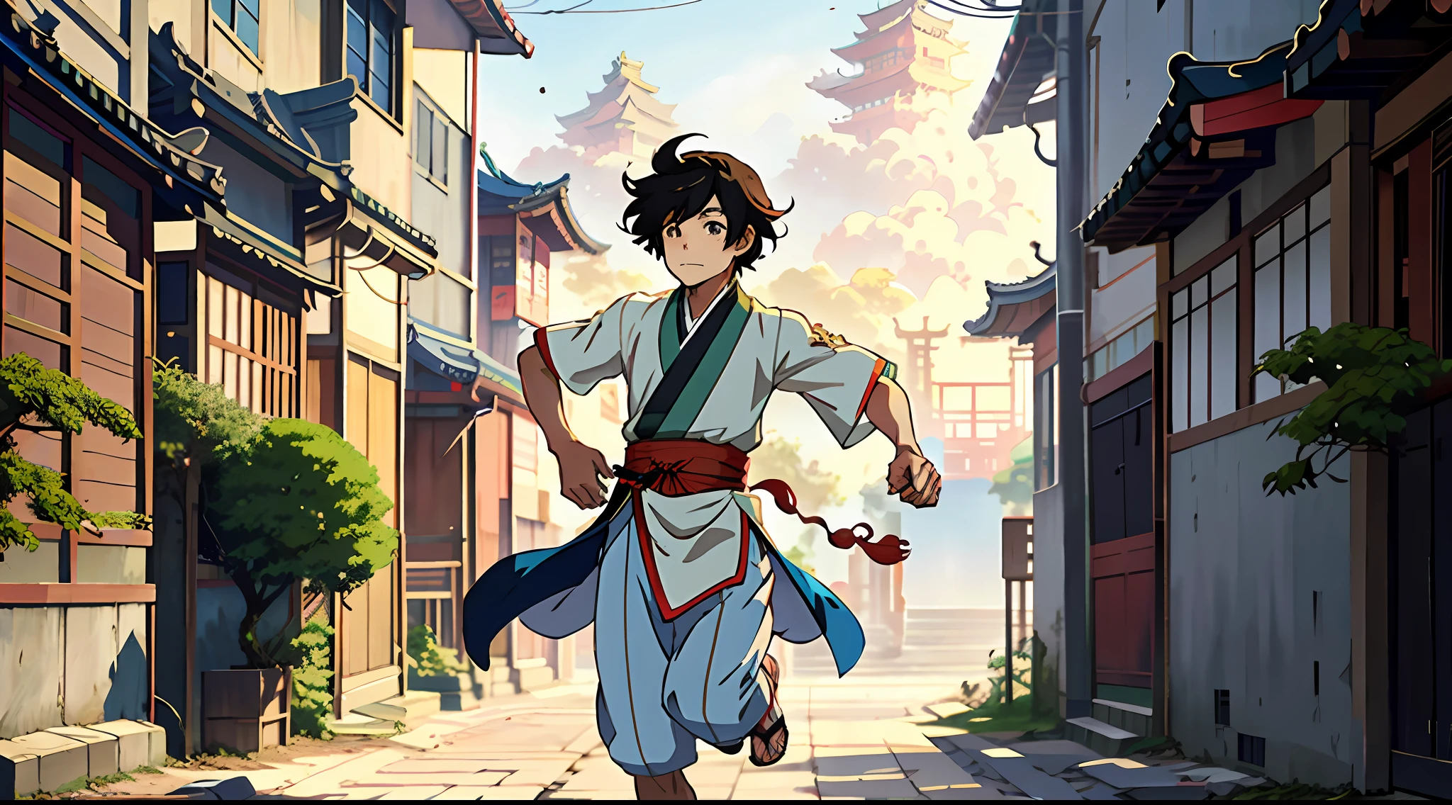 Anime characters running on the streets of an ancient Chinese village, 4K anime style, in style of kyoto animation, Anime boy runs, palace,A boy in a Hanfu, Estilo de Makoto Shinkai, Guvez style artwork, Works by Artgerm and Atey Ghailan, Yang J.
