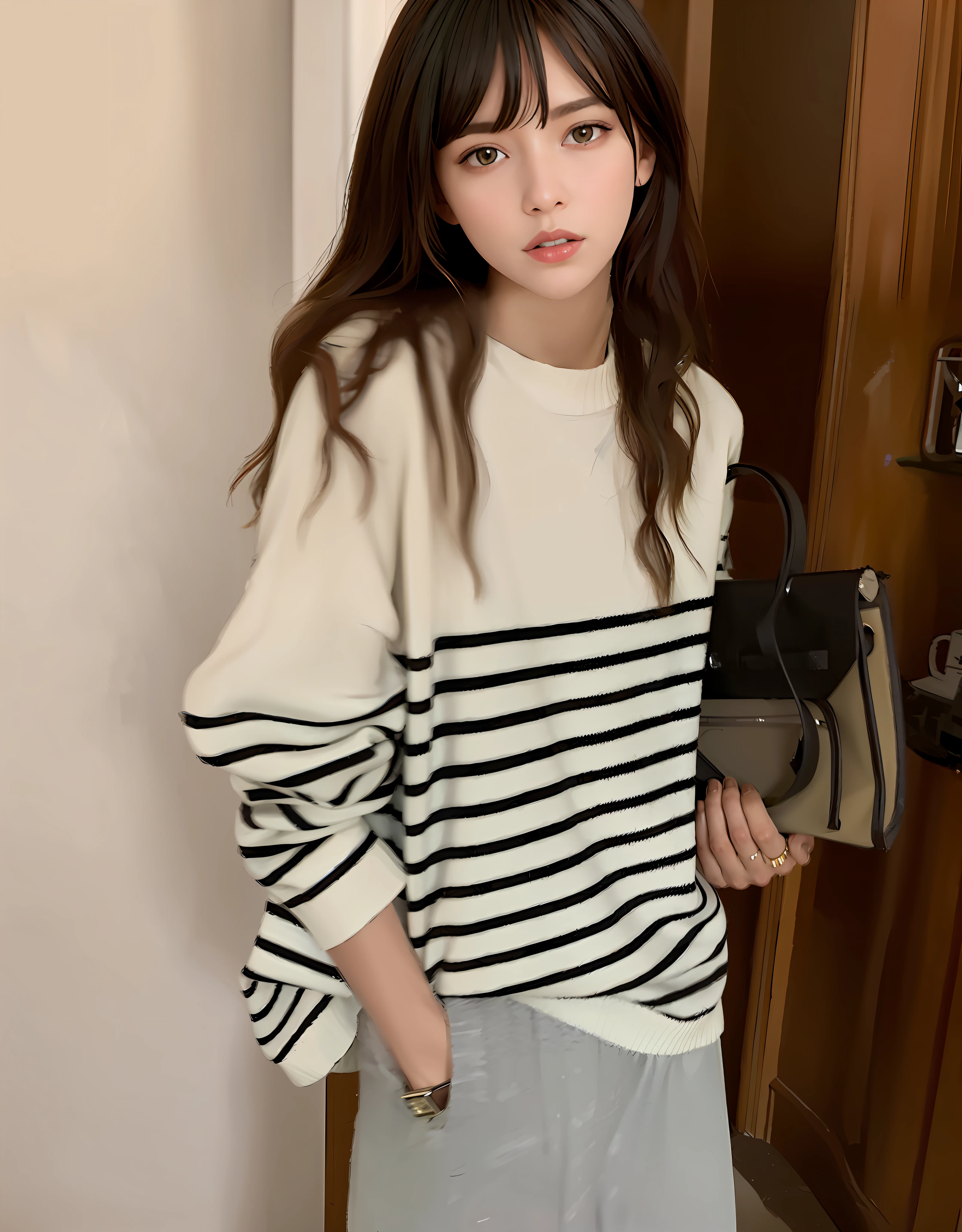 Arad woman holding purse in striped sweater and skirt, ( ivory black ), striped sweater, 2 0 2 0 fashion, streaked, H 576, streaked, High quality], (Digital art), Great quality ), Also, 4K], 4 k'' ], h 7 6 8, H 768, 2263539546]