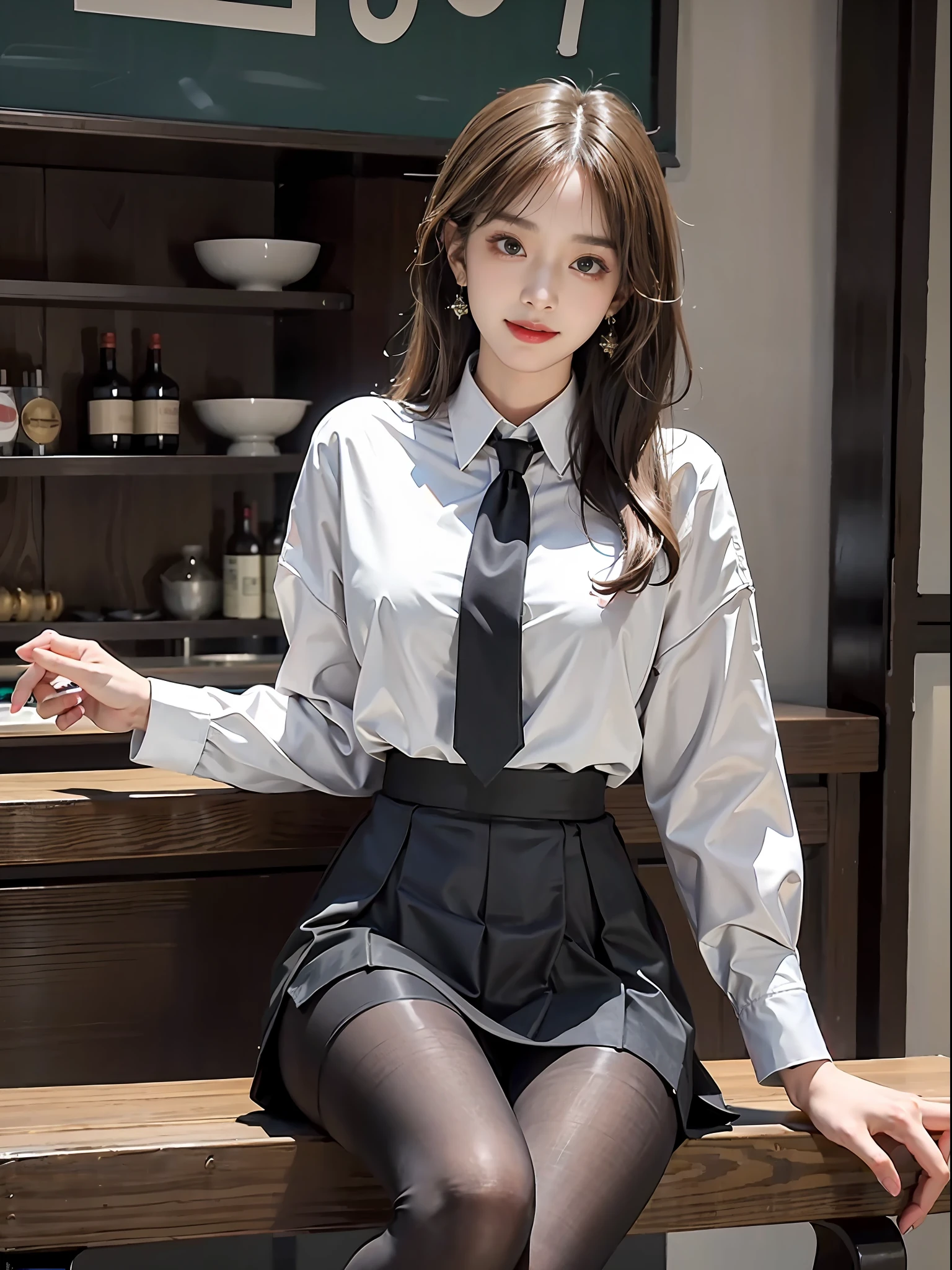 Exquisite, masterpiece, beautiful details, colorful, delicate details, delicate lips, intricate details, large breasts, 1 female, (a beautiful 20-year-old cute Korean woman: 1.1), (kpop idol, Korean mixed), (50mm Sigma f/1.4 ZEISS lens, F1.4, 1/800s, ISO 100, photograpy:1.1), (brunetize: 1.2), (photorealistic:1.4 ), (SPY:1.2), (Open Jacket,Shirt, Skirt,Tie,Black Pantyhose,Christian Louboutin\(Brand\),:1.3), Earrings, Necklace, Armbands, (Tavern, Bar:1.2), (Beautiful Legs, High Girl, Skinny, slim_legs, thigh_gap, Model:1.2), Lens flare, viewed from the front, (Happy smile: 1.1), dynamic pose, (makeup: 1.2), sitting on a bar stool,