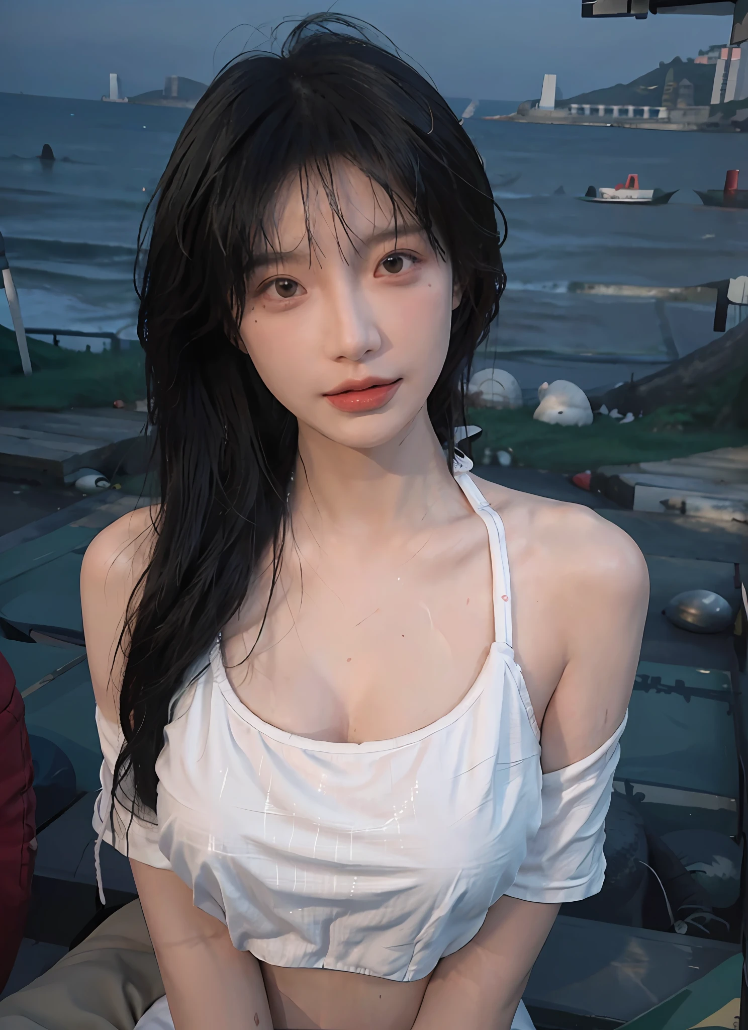 Best quality,Masterpiece,超高分辨率,(Photorealistic:1.4),1girll,Sexy,(Bikini:1.2),(Bra:1.2),(Large of breast:1.3),(Upper body:1.4),(Seaside:1.4),(Wet body),(:1.2)