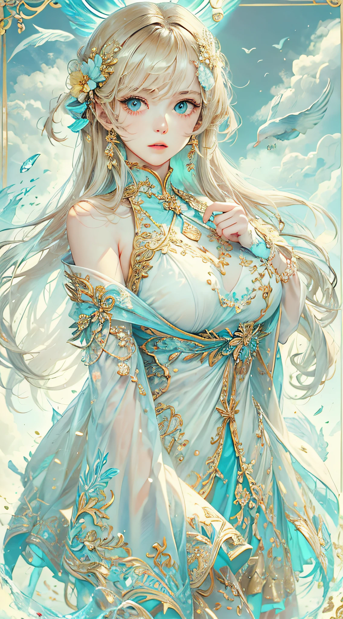 （best qualtiy）， （（tmasterpiece））， 1个Giant Breast Girl，（独奏），full-body portraits， Delicate face， looking at viewert， Firm eyes， exposed bare shoulders，Exquisitehands， Um ser celestial， light particules， The halo，the ocean， Full of energy， Colorful colors， （Bio-luminescence），（Detailed composition）， 电影灯光