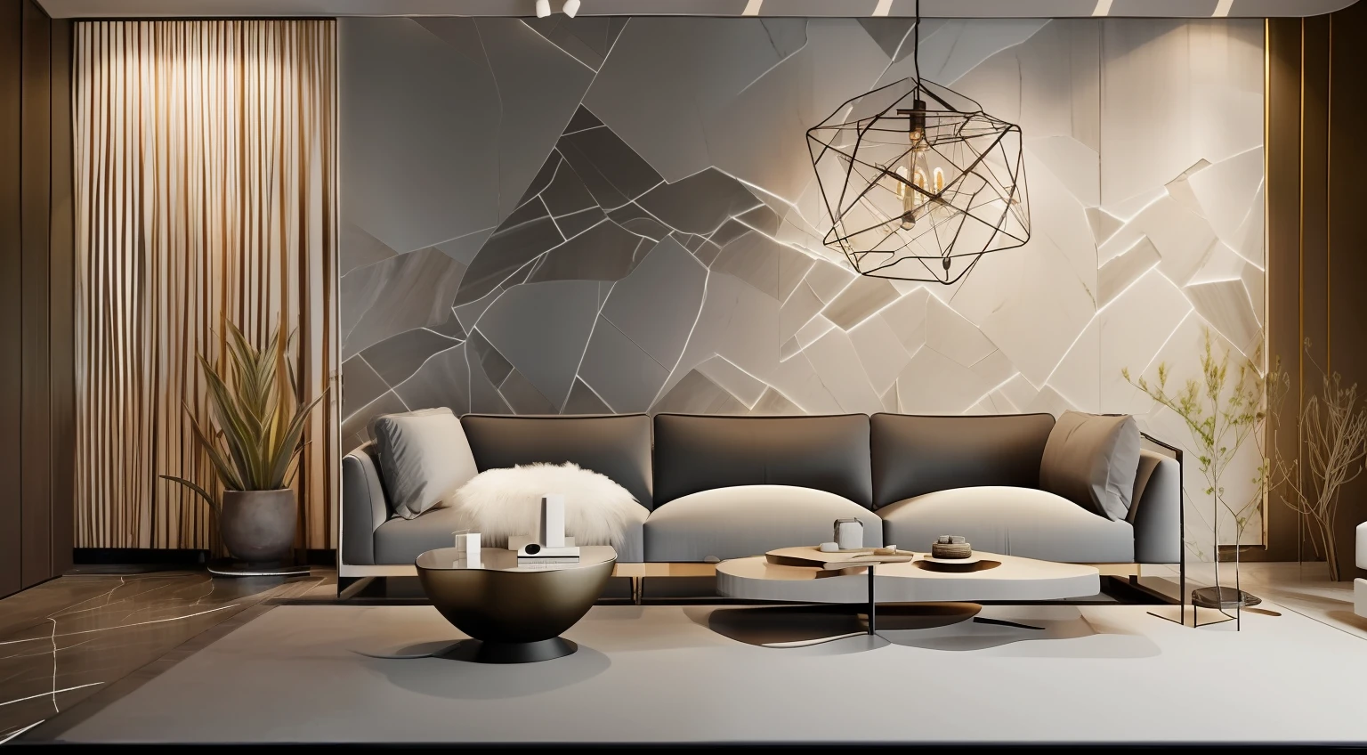 Wabi-sabi style living room，Slate background wall，Strip light strip，Decorative painting，Minotti sofa，There are decorative chandeliers，Lightweight wool carpet，Tiled floor，White top surface，tea table，a plant，floor to ceiling window，Far Mountain，Interesting light and shadow，