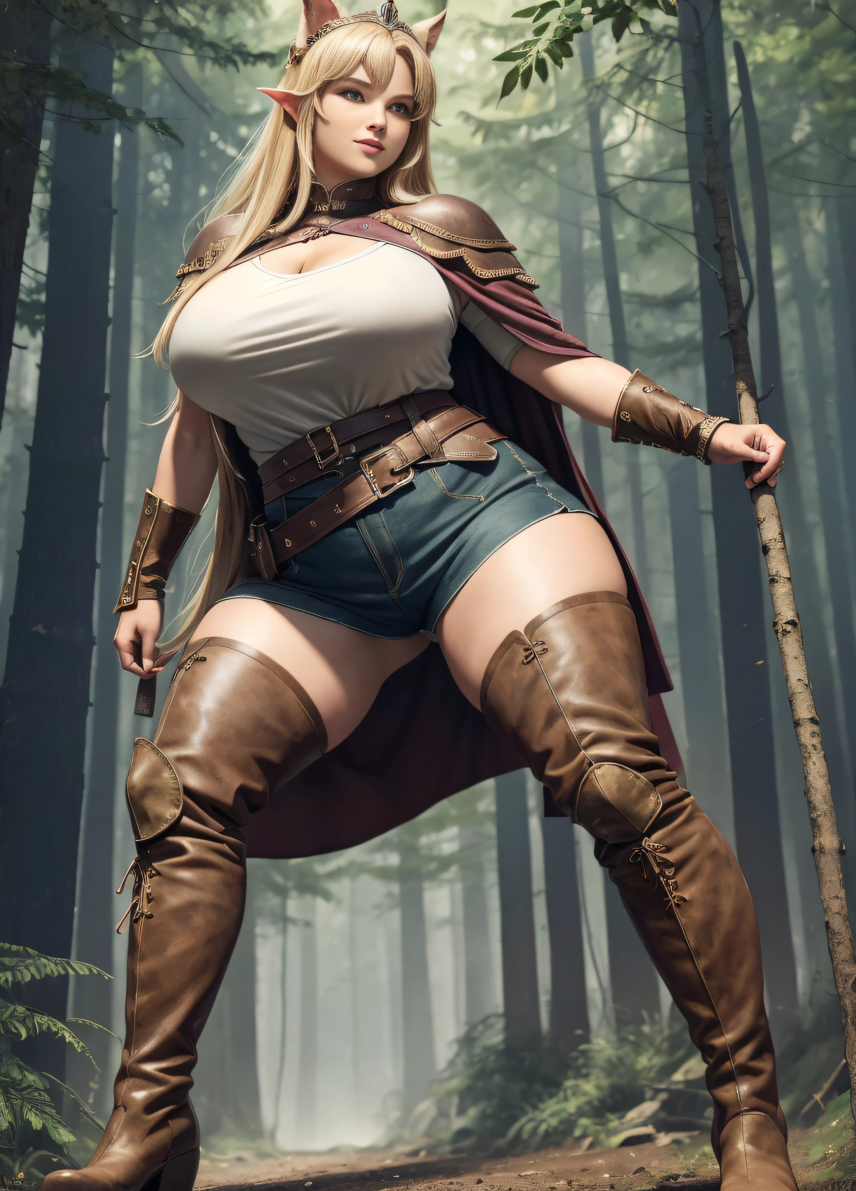 (Hyper-realistic) , (illustratio), (Increase the resolution), (8K), (extremely detaile), (Most Best Illustration), (美丽细致的眼睛), (best qualtiy), (ultra - detailed), (tmasterpiece), ( wallpaper), (详细的脸), (There is only one person in the scene:1.5), super tall,The temperament of a queen,tmasterpiece,best qualityer,Hyper-detailing,Full body illustration,Fine and detailed eyes and detailed face) garments:There are animal ears,Full-fledged orcs,cruel grin,Upper body tattered clothes,Wrap the whole body,The lower body is wearing animal skin shorts,Wear knee-length boots,Over-the-knee stockings,Cloth boots,The cuffs of the boots are a layer of fluff,Exposing the appearance of the boots:Tall,Plump body,Plump,Wide buttock,Strong,huge tit,There are muscles,The stands up,Go ahead,(big assa:1.4),(thick thight:1.6),long leges,Outdoor forest