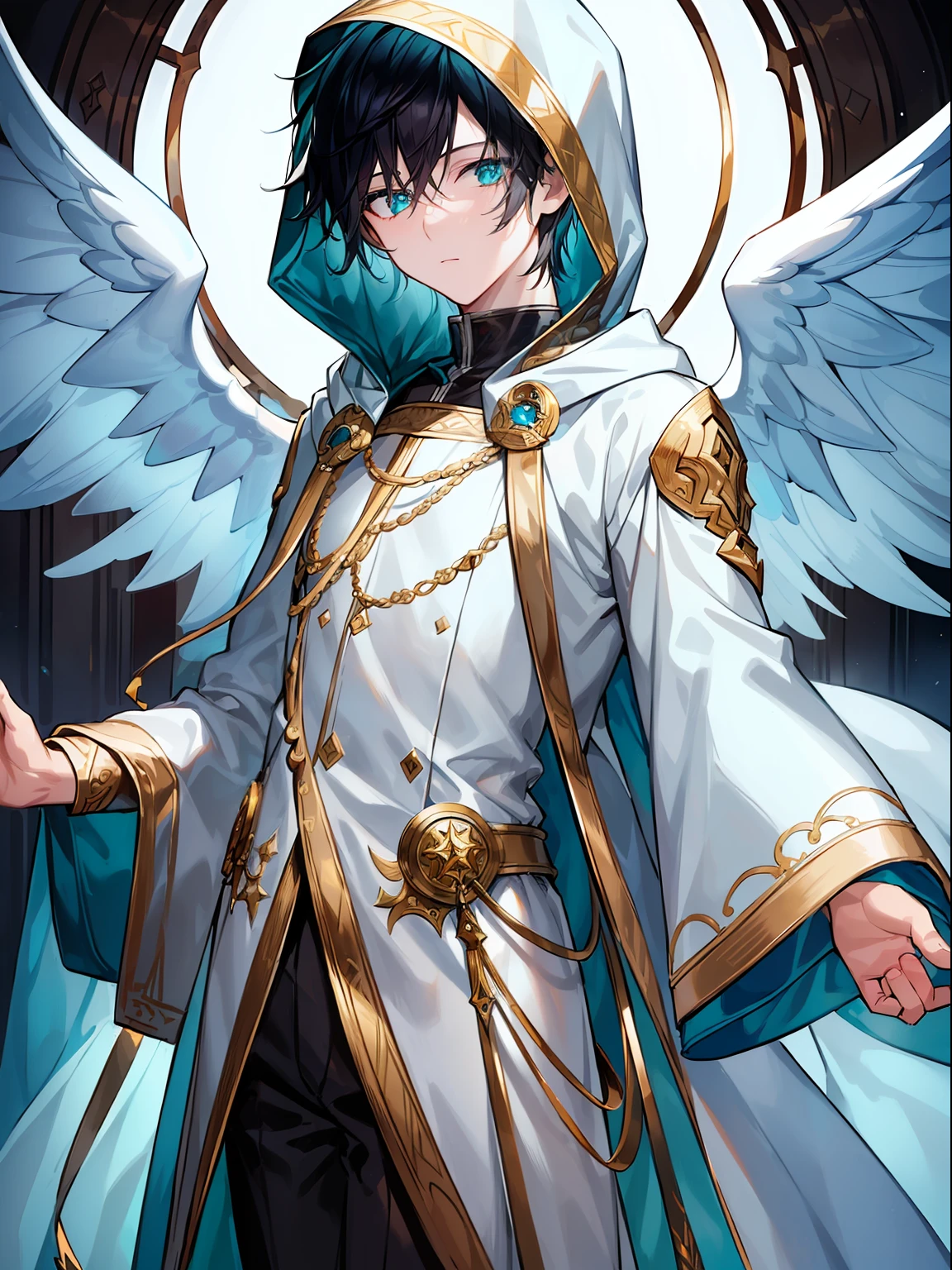 ((Masterpiece, highest quality)), detailed face, full of details, highly detailed, depth, many parts, 1boy, young male, teal eyes, glowing eyes, pale skin, angel wings, pants, gold, white hooded jacket, long sleeves, hood on head, wearing hood, short black hair, closed mouth