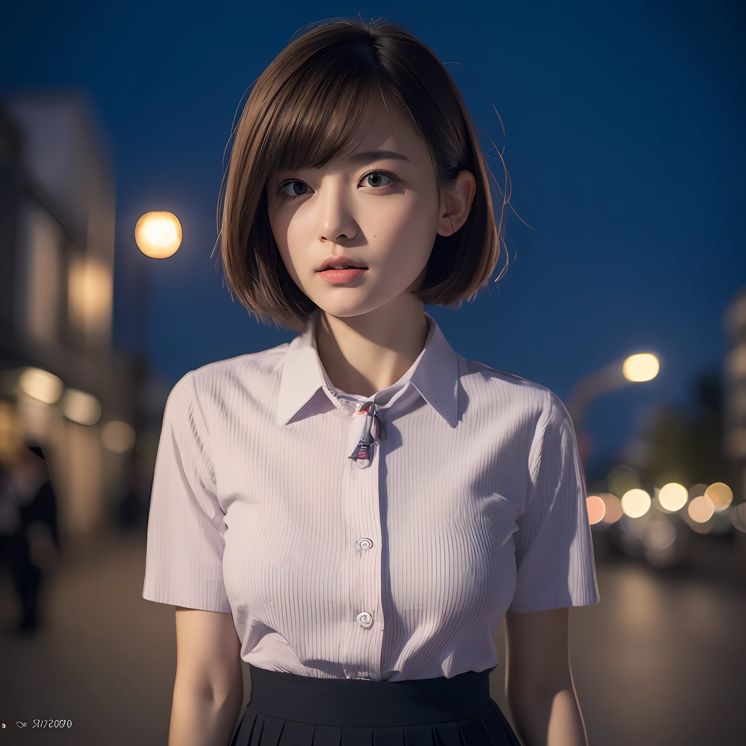 (8k, RAW photo, best quality, masterpiece:1.2), (realistic, photo-realistic:1.37), ultra-detailed, 1 girl,cute, solo,beautiful detailed sky,detailed tokyo street,night, medium breasts,beautiful detailed eyes,(collared shirt:1.1), bowtie,pleated skirt,(short hair:1.2),floating hair,short hai,