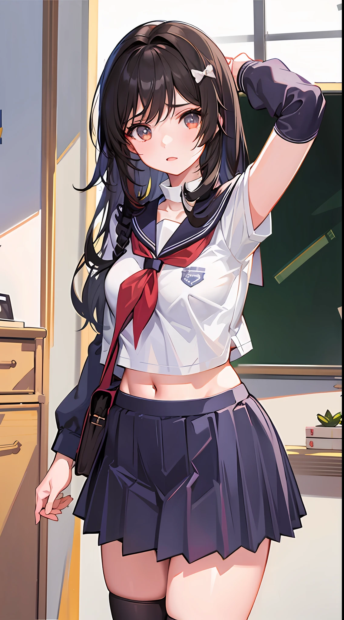 1girl,large breasts,midriff,
indoors,bedroom,standing,cowboy shot, ((school_uniform))
