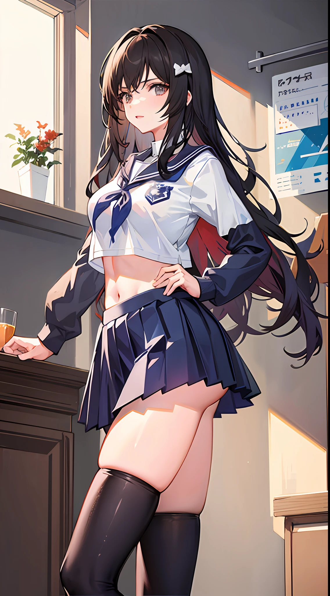 1girl,large breasts,midriff,
indoors,bedroom,standing,cowboy shot, ((school_uniform))