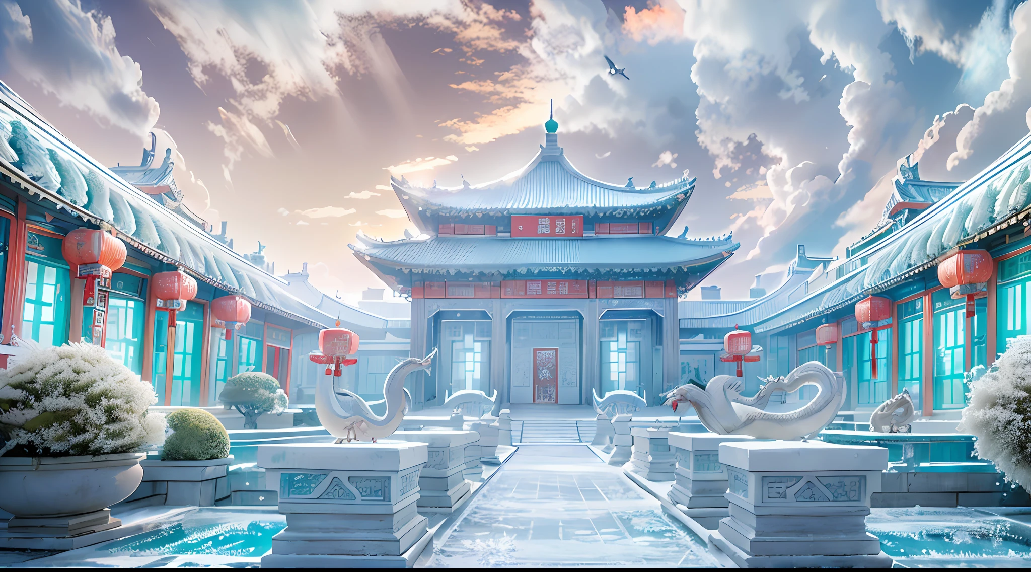 A magical world, (((transparent building))),(Floating in the sky:1.5),(White clouds on the ground:1.5),(((Crystal tiles))),(((crystal column))),(((Crystal wall)))(((The pillars are carved with Chinese dragons))),Nice colorful light decoration, (icey),(Frozen Palace:1.5),best qualtiy,tmasterpiece, 8k 辛烷值渲染, Photorealistic, Cinematic lighting, detailed building, The art of detail carving,Chinese Ancient Architecture,