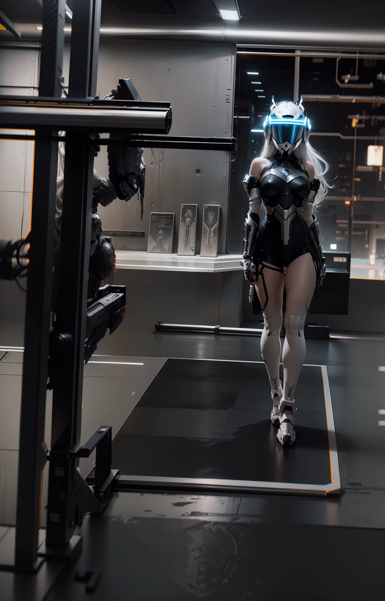 Sexy cyberpunk female knight，long  white hair，sensual lingerie，，High-tech white all-inclusive helmet，Biomechanicals， MSHN Robot Man，High-tech helmet，hyper realisitc， Steel， Complex design， insanely details， finely detailled， Extremely clear lines， cinmatic lighting， photograph realistic， A detailed masterpiece