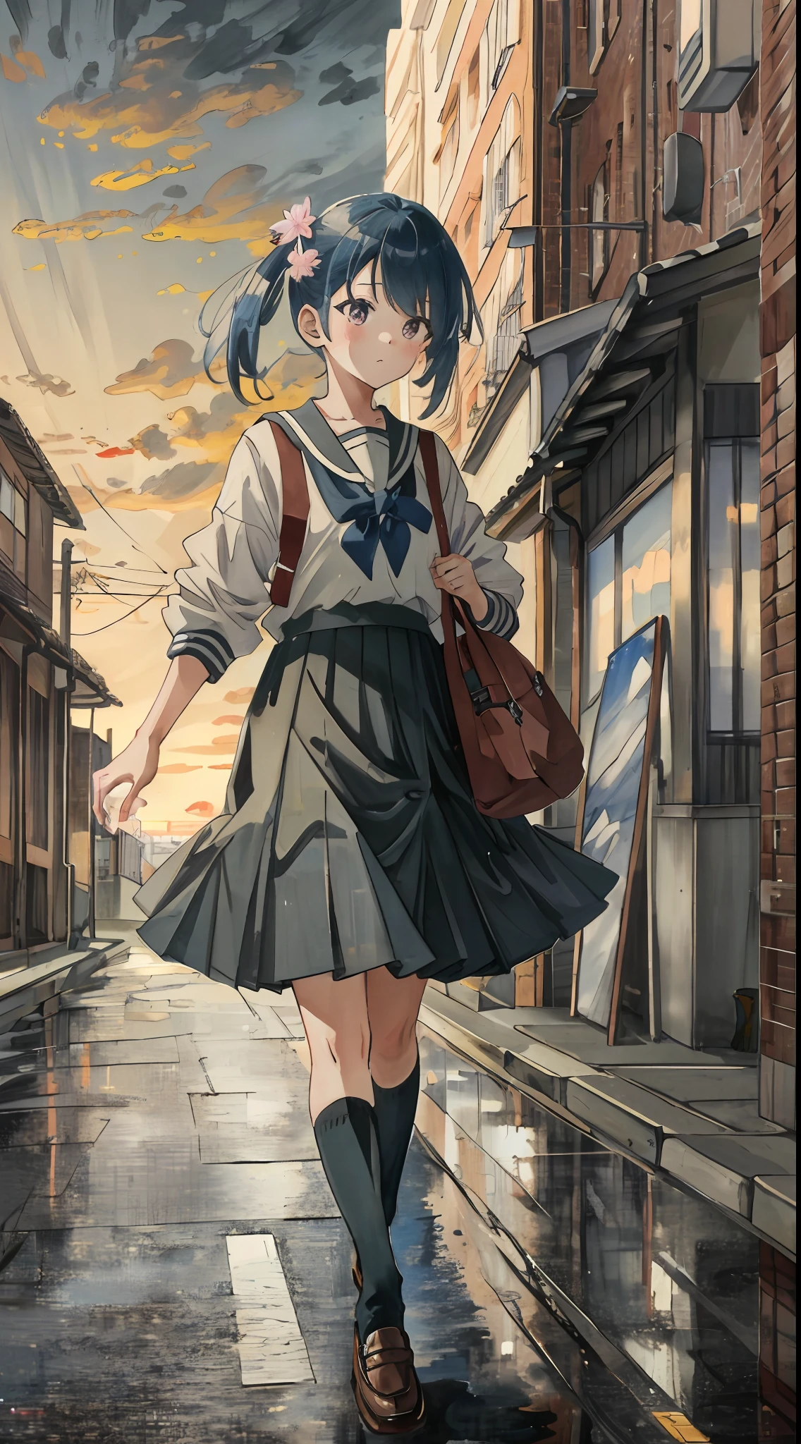 (8k, best quality, masterpiece:1.2),(best quality:1.0),ultra highres:1.0, extremely detailed, render, 4k, absurdres, HDR,
a young girl, kanamechidori, school uniform, serafuku