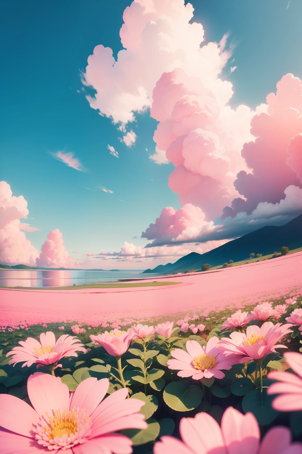 A sea of pink flowers under pink white clouds，Candy color，Girly