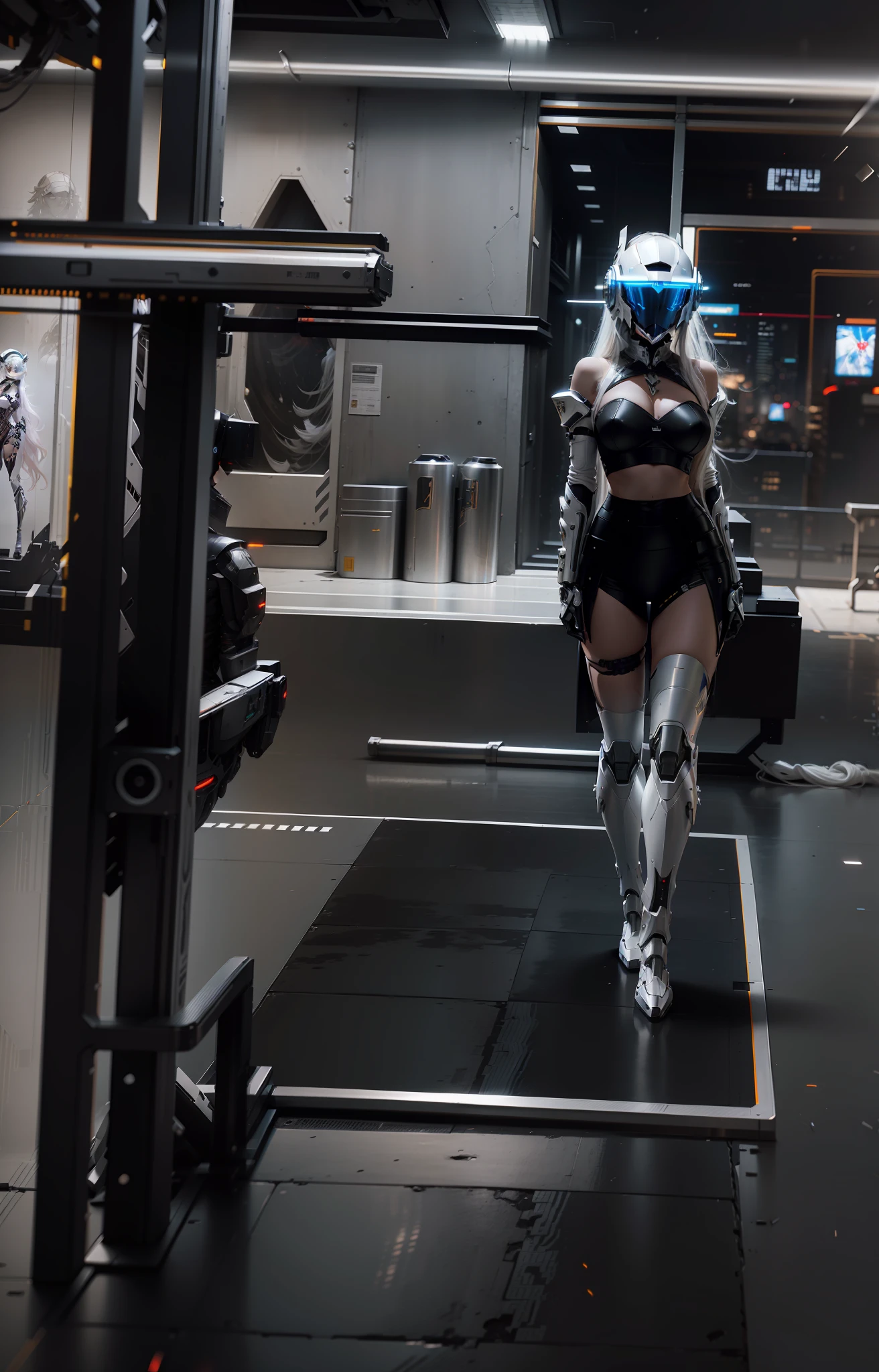 Sexy cyberpunk female knight，long  white hair，sensual lingerie，，High-tech white all-inclusive helmet，Biomechanicals， MSHN Robot Man，High-tech helmet，hyper realisitc， Steel， Complex design， insanely details， finely detailled， Extremely clear lines， cinmatic lighting， photograph realistic， A detailed masterpiece