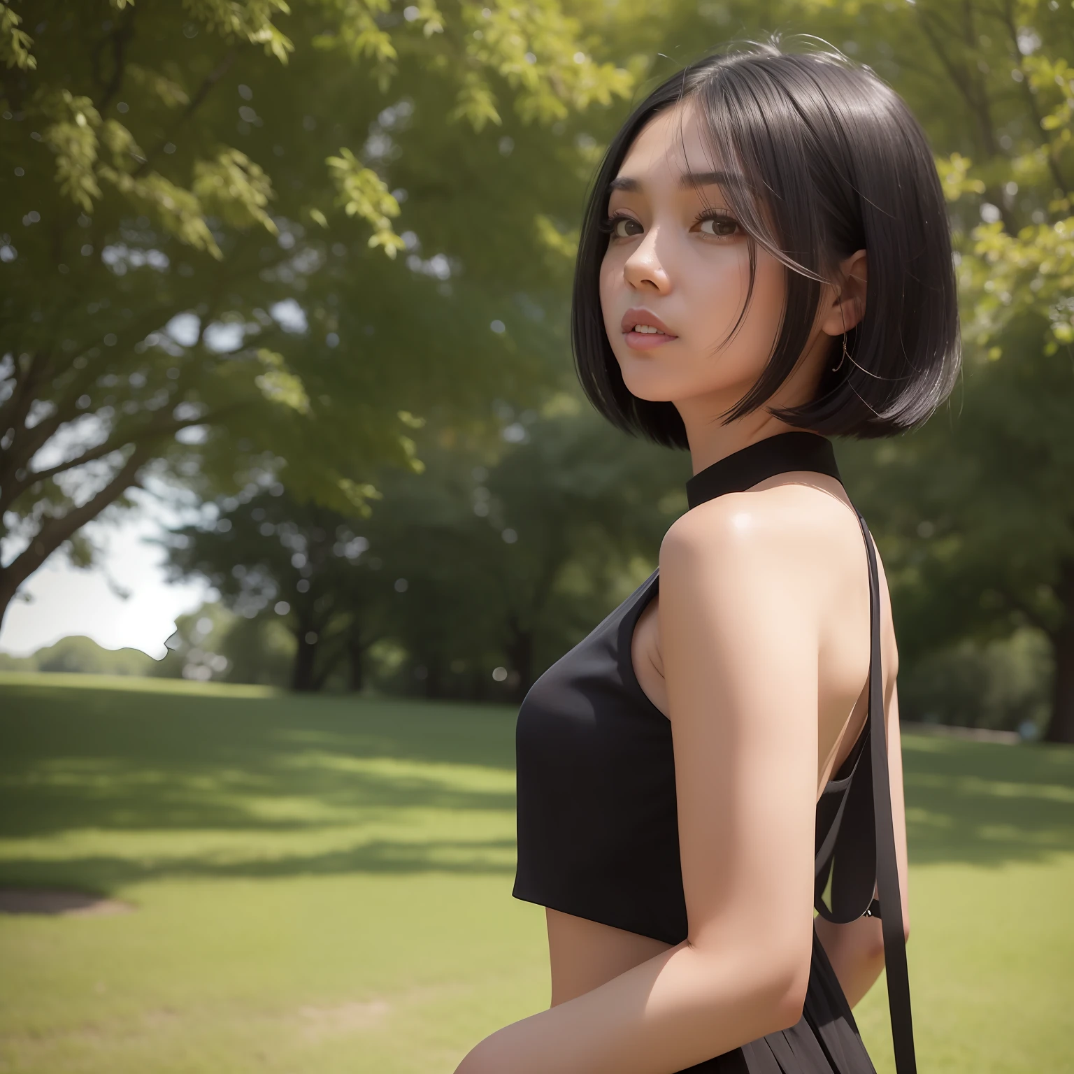 there is a woman that is standing under a tree, shoulder-length black hair, with black hair, blackhair, black bob hair, with short hair, shoulder length black hair, girl with black hair, shot from the back, black hair, black short hair, black-hair, showing her shoulder from back, black bob cut hair, short black hair