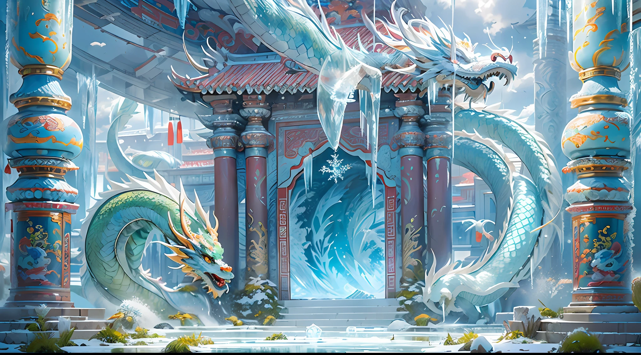 A magical world, (((transparent building)))，(Floating in the sky：1.5)，(White clouds on the ground:1.5)，(((Crystal tiles)))，(((crystal column)))，（（（Crystal wall）））(((The pillars are carved with Chinese dragons)))，Nice colorful light decoration, (icey)，(Frozen Palace:1.5)，best qualtiy，tmasterpiece, 8k 辛烷值渲染, Photorealistic, Cinematic lighting, detailed building, The art of detail carving，Chinese Ancient Architecture，