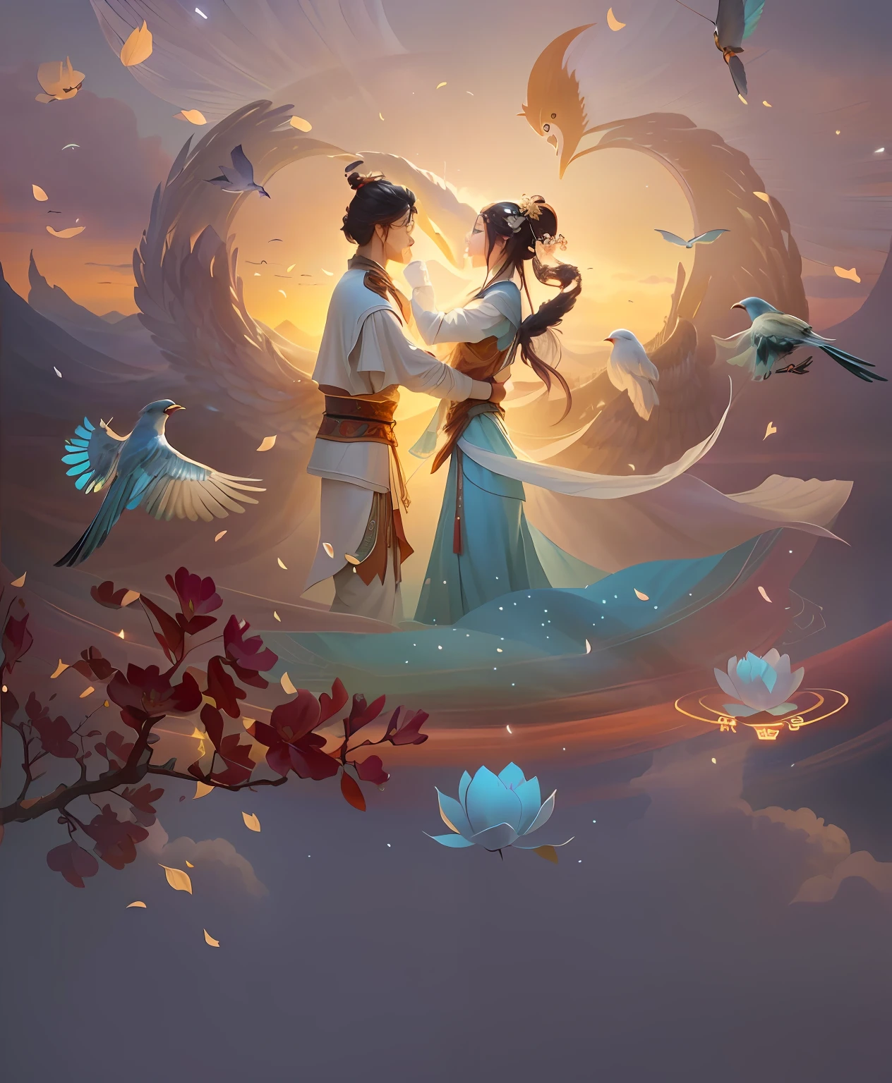 There was a couple standing in the sky，the birds, A beautiful artwork illustration, concept art of love, By Li Song, rob rey and kentarõ miura, xianxia fantasy, rob rey and kentarõ miura style, Chinese fantasy, Beautiful digital artwork, author：Qu Leilei, Beautiful digital illustration, by Yang J