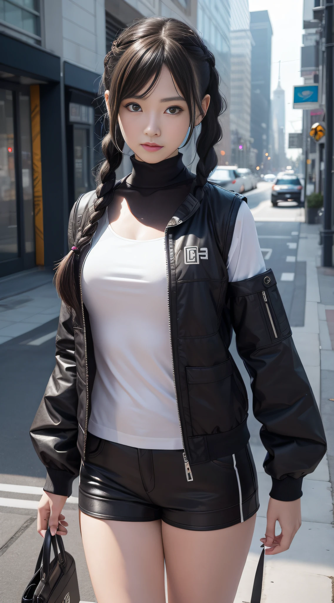 ((best qualtiy)), ((tmasterpiece)), (the detail:1.4), 3D girl, A beautiful cyberpunk female image,hdr(HighDynamicRange),Ray traching,NVIDIA RTX,Hyper-Resolution,Unreal 5,Subsurface scattering、PBR Texture、post-proces、Anisotropy Filtering、depth of fields、maximum definition and sharpness、Many-Layer Textures、Albedo e mapas Speculares、Surface coloring、Accurate simulation of light-material interactions、perfectly proportions、rendering by octane、Two-colored light、largeaperture、Low ISO、White balance、the rule of thirds、8K raw data、1girll,City park shooting,Tilt view,full bodyesbian;1.5,Twist braids,vests,Ultra shorts,