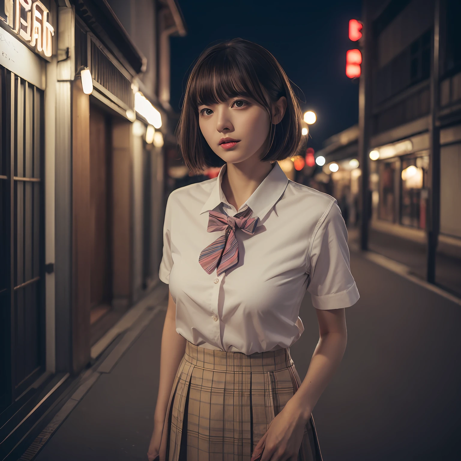(8k, RAW photo, best quality, masterpiece:1.2), (realistic, photo-realistic:1.37), ultra-detailed, 1 girl,cute, solo,beautiful detailed sky,detailed tokyo street,night, medium breasts,beautiful detailed eyes,(collared shirt:1.1), bowtie,pleated skirt,(short hair:1.2),floating hair,short hai,