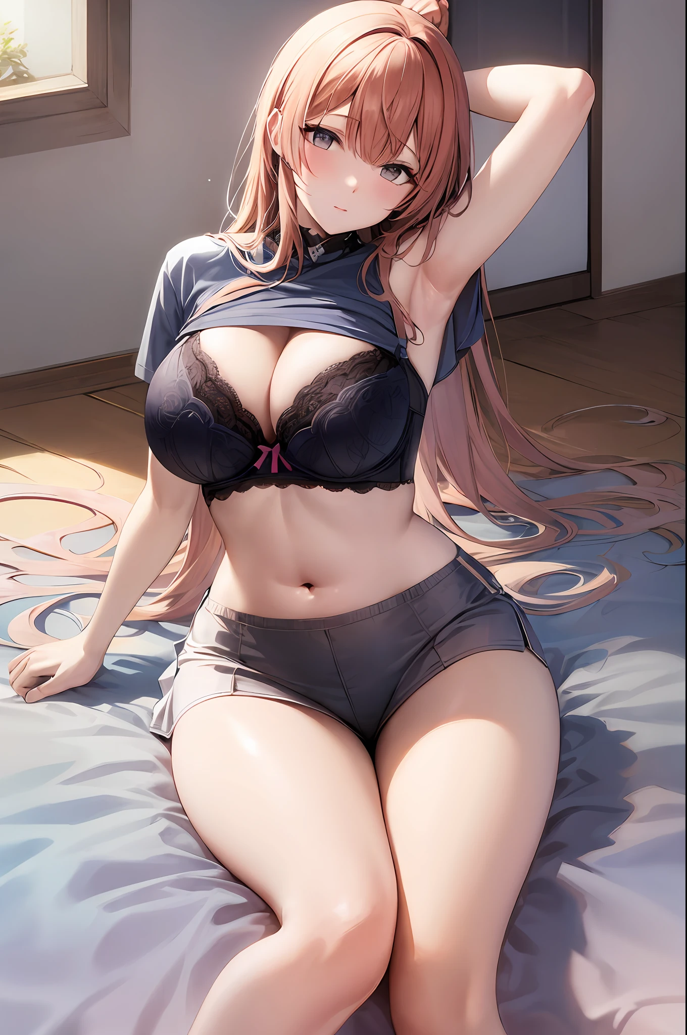 , large breasts, cleavage, navel, t-shirt, ((bra)),clothes lift, skirt, lying, full Body, perfect body ,sitting, armpit