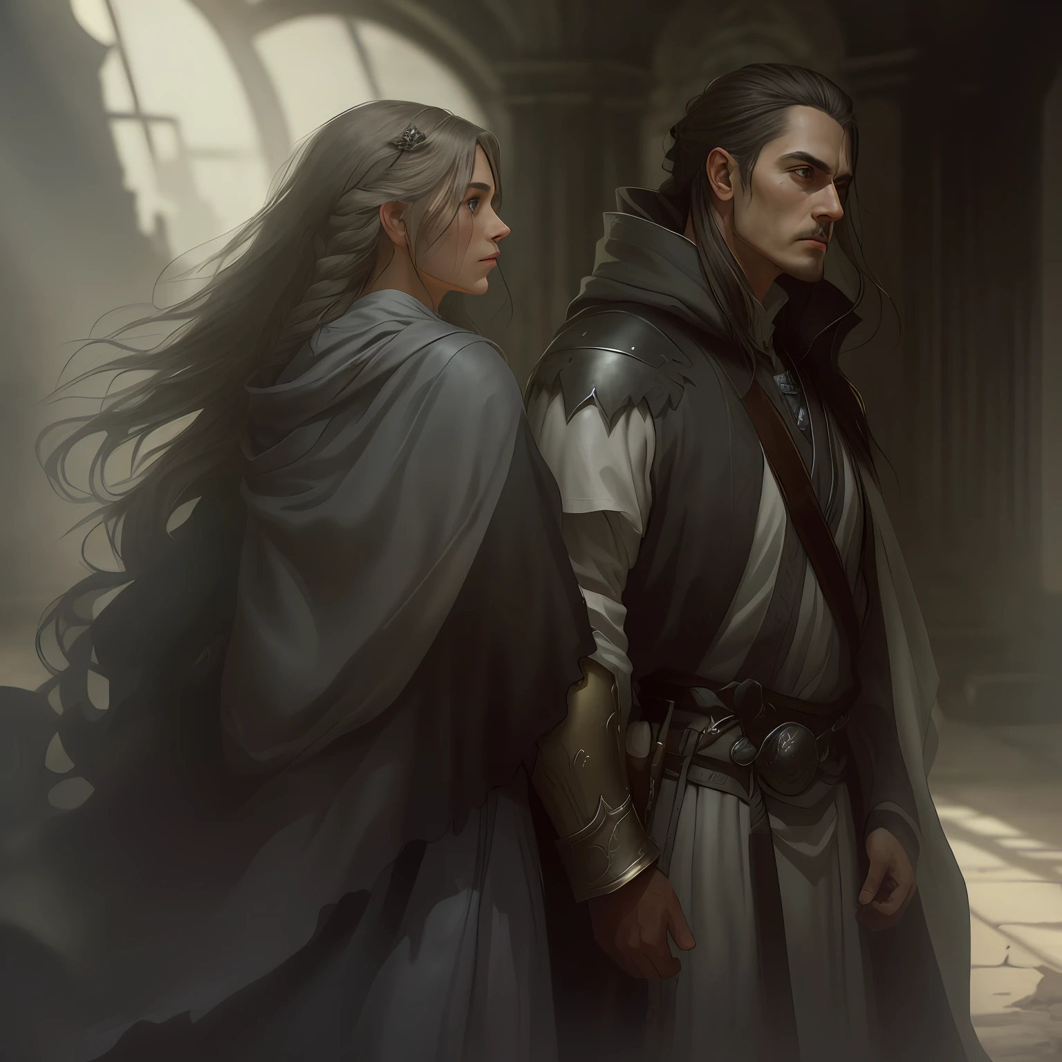 scenery, A huge ruined room with traces of battle, Duo of a woman and a man, side-view, Hi-Def, ultradetail, European facial features, realeme fentezi, Pattern, portraite of a, side glance: woman's, 46 years old, dark brown long hair, dark eyes, Frowning, A fighting look into the distance, dressed in an old shabby gray cloak,Beautiful handkerchief, wrapped around her head, Hands raised up, Clarity: 8 months, scenery: side view Huge throne room with large windows, A 46-year-old woman in an old raincoat stands near a throne, Ao fundo, Near the throne, A man hugs a woman by the shoulders, Rear side view: A man hugs a woman by the shoulders, Standing behind the throne of steam (((male)), fashion photography, (Full portrait), (half), 独奏, Detailed background, Detailed Face, (stonepunkAI, Stone theme:1.1), wise, (beautiful hair, braid: 0.2), shaman, The partition is harsh, mysterious, (Gorgeous face), Stunning, The head is tilted upwards, (calm expression on his face), Calm, Intimate Interaction. detailed clothes, realistic skin texture, Clear Focus, voluminous lighting, Good moments, Good shadows, sub-surface Scattering, Complex, Highly detailed, ((film)), dramatic, (Highest Quality, Award-winning, Masterpiece: 1.5), (Realism)