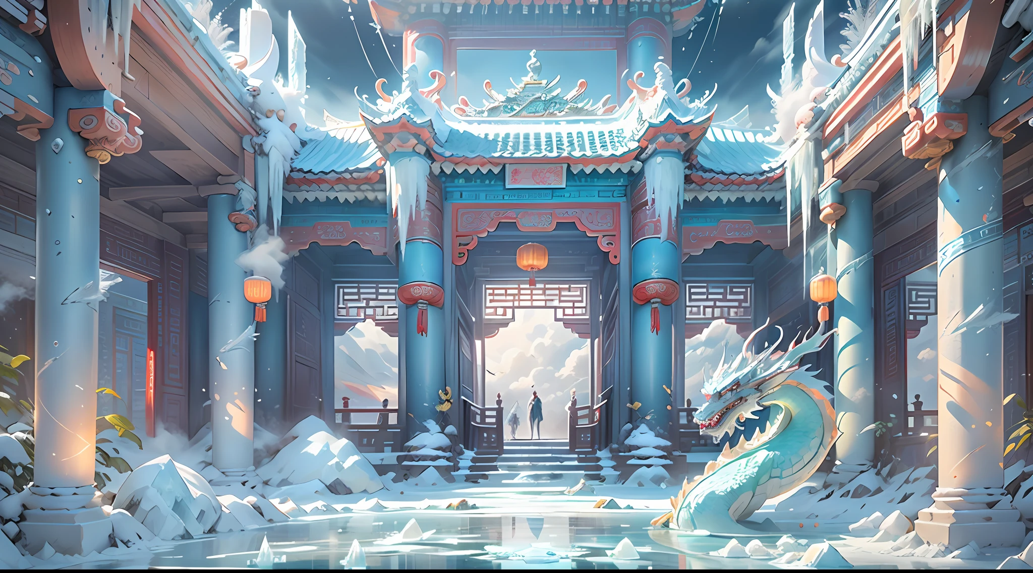 A magical world, (((transparent building))),(Floating in the sky:1.5),(White clouds on the ground:1.5),(((Crystal tiles))),(((crystal column))),(((Crystal wall)))(((The pillars are carved with Chinese dragons))),Nice colorful light decoration, (icey),(Frozen Palace:1.5),best qualtiy,tmasterpiece, 8k 辛烷值渲染, Photorealistic, Cinematic lighting, detailed building, The art of detail carving,Chinese Ancient Architecture,