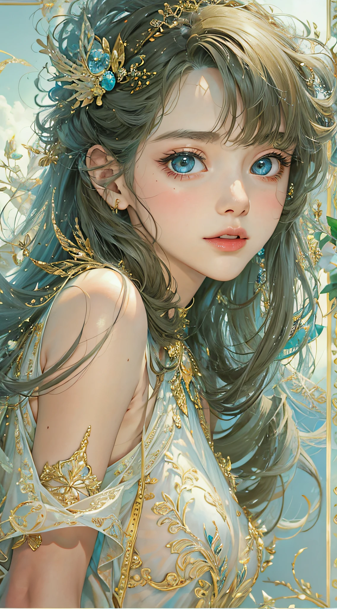 (best qualtiy), ((tmasterpiece)), 1个Giant Breast Girl,(独奏),full-body portraits, Delicate face, looking at viewert, Firm eyes, exposed bare shoulders,Exquisitehands, Um ser celestial, light particules, The halo,the ocean, Full of energy, Colorful colors, (Bio-luminescence),(Detailed composition), 电影灯光