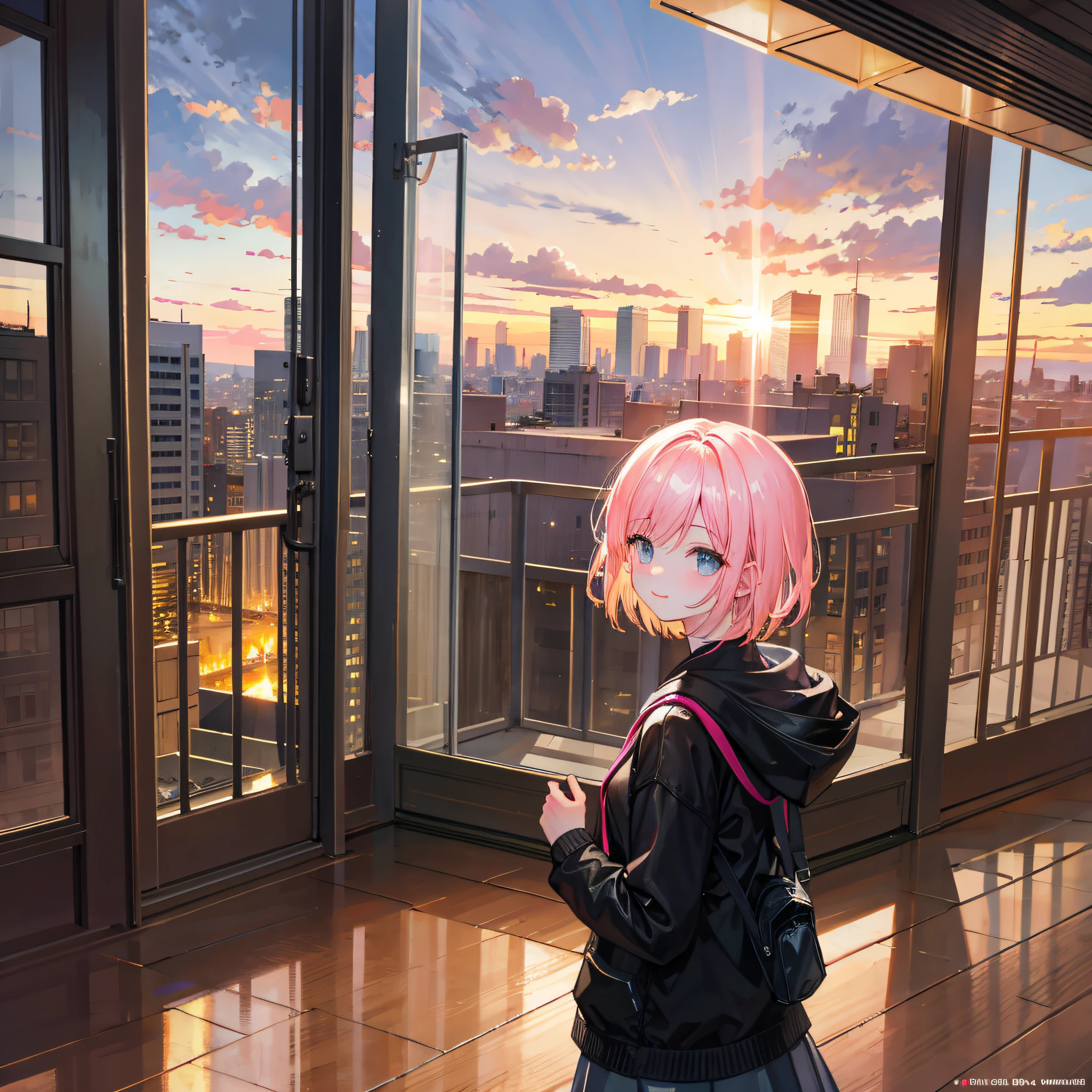 masterpiece:1.3),(best quality),(ultra-detailed),1girl,8k,semi-realistic,4k,RTX,shaders,brilliant texture work, standing in balcony ,sunset,clouds, ,smile, short hair, hairpin,sunset view , \,shiny sun, far view, highly detailed,8k, lightning from the sun into the building, night city view, top building balcony, sunset, yellow tone, great lightning