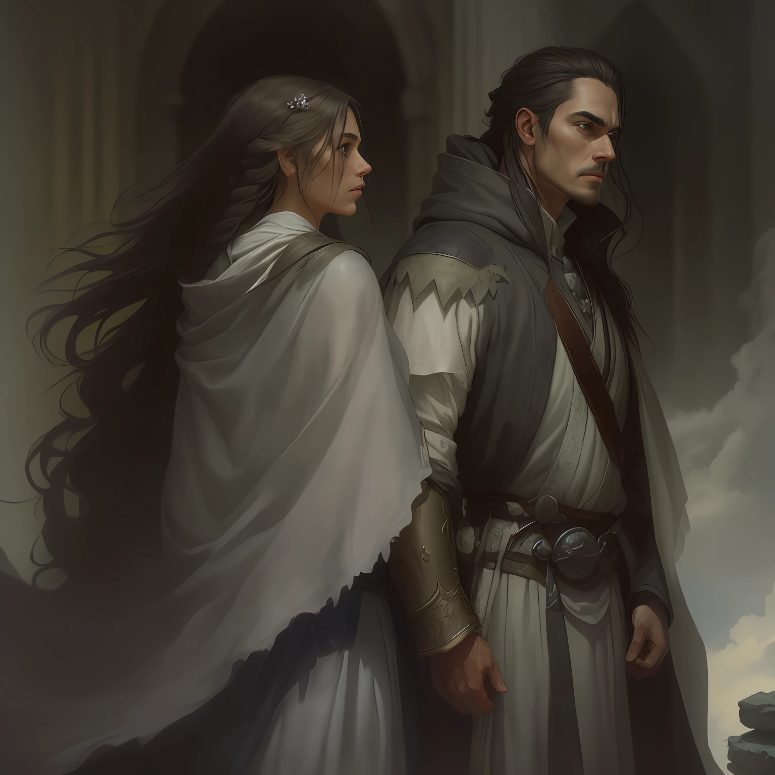 scenery, A huge ruined room with traces of battle, Duo of a woman and a man, side-view, Hi-Def, ultradetail, European facial features, realeme fentezi, Pattern, portraite of a, side glance: woman's, 46 years old, dark brown long hair, dark eyes, Frowning, A fighting look into the distance, dressed in an old shabby gray cloak,Beautiful handkerchief, wrapped around her head, Hands raised up, Clarity: 8 months, scenery: side view Huge throne room with large windows, A 46-year-old woman in an old raincoat stands near a throne, Ao fundo, Near the throne, A man hugs a woman by the shoulders, Rear side view: A man hugs a woman by the shoulders, Standing behind the throne of steam (((male)), fashion photography, (Full portrait), (half), 独奏, Detailed background, Detailed Face, (stonepunkAI, Stone theme:1.1), wise, (beautiful hair, braid: 0.2), shaman, The partition is harsh, mysterious, (Gorgeous face), Stunning, The head is tilted upwards, (calm expression on his face), Calm, Intimate Interaction. detailed clothes, realistic skin texture, Clear Focus, voluminous lighting, Good moments, Good shadows, sub-surface Scattering, Complex, Highly detailed, ((film)), dramatic, (Highest Quality, Award-winning, Masterpiece: 1.5), (Realism)