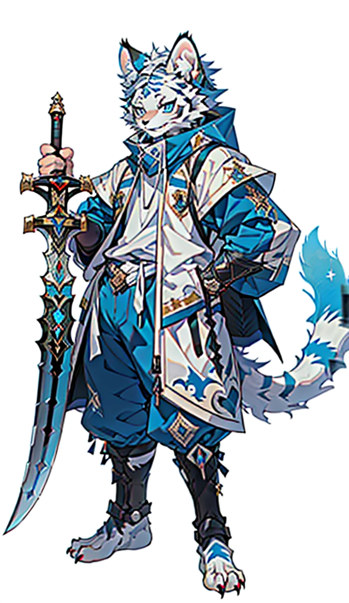 (Best Picture Quality), (tmasterpiece), ((Single 1.5)),(ultra - detailed), (Helmeted), covered in full silver armor,The armor shows the ears,furry,(The tail of the white tiger),Character focus,(Blue dotted eyes), (White ears),tack sharp focus,(The furry feeling of animal ears),((armour)),((The sword)),((monster_hunter_style)),Tiger foot paws。