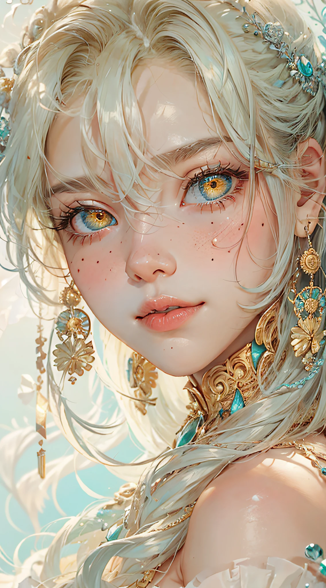 （best qualtiy）， （（tmasterpiece））， 1个Giant Breast Girl，（独奏），full-body portraits， Delicate face， looking at viewert， Firm eyes， exposed bare shoulders，Exquisitehands， Um ser celestial， light particules， The halo，the ocean， Full of energy， Colorful colors， （Bio-luminescence），（Detailed composition）， 电影灯光