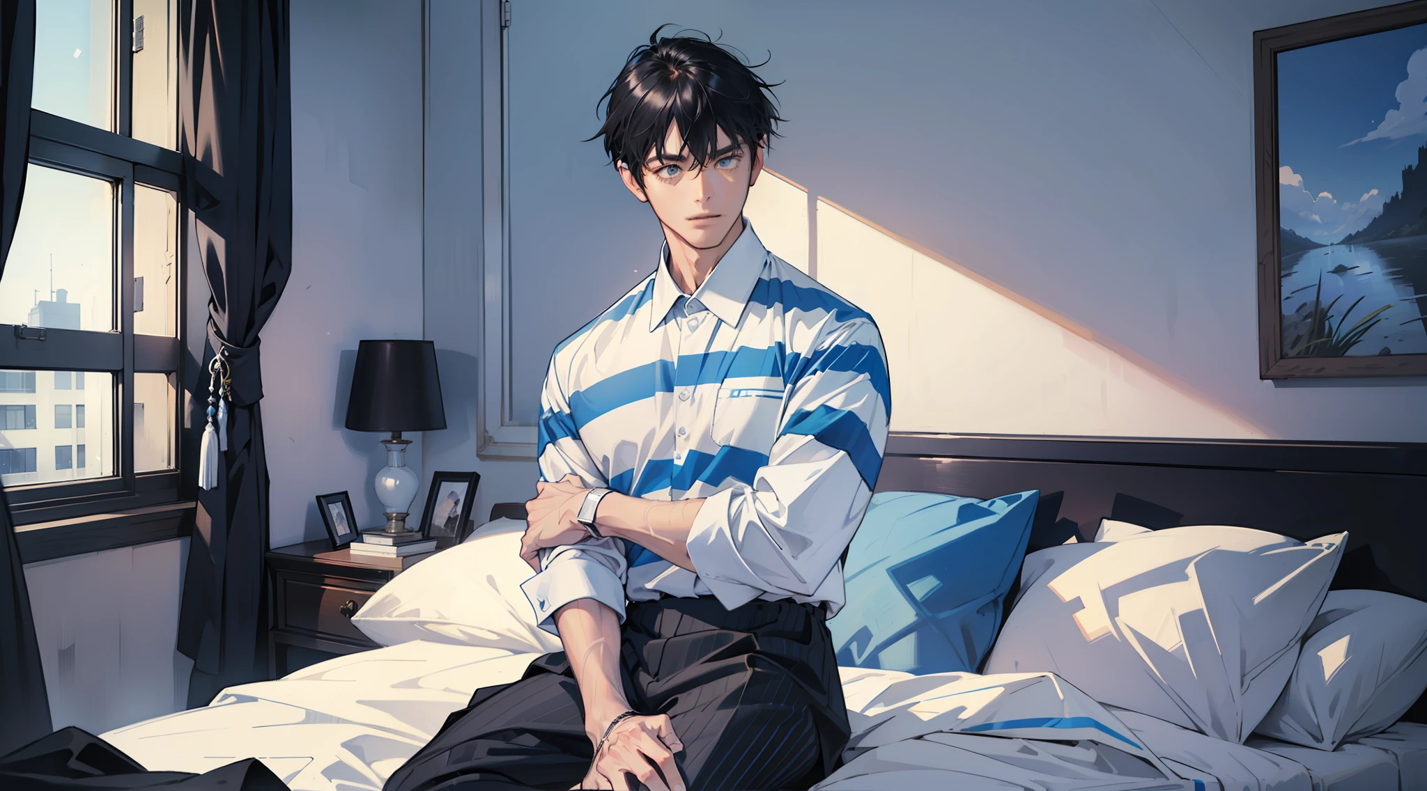 in a panoramic view，Psychosis sitting in front of the bed，mtu，fathery，Black color hair，Wears a long-sleeved blue and white shirt uniform，Wear blue and white striped pants