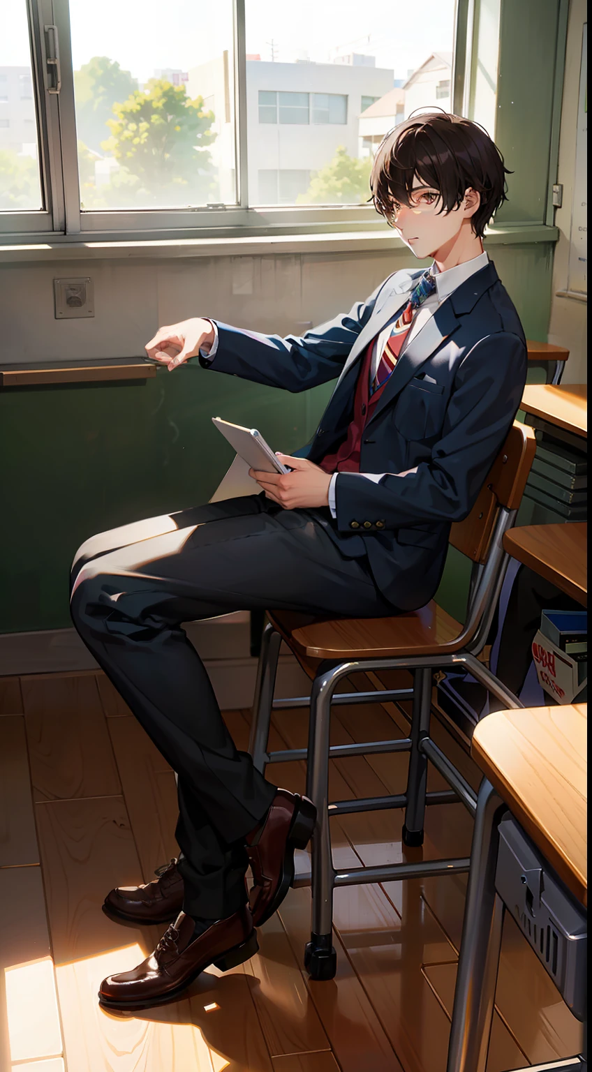 a high school boy,Sunny afternoon,high school classroom