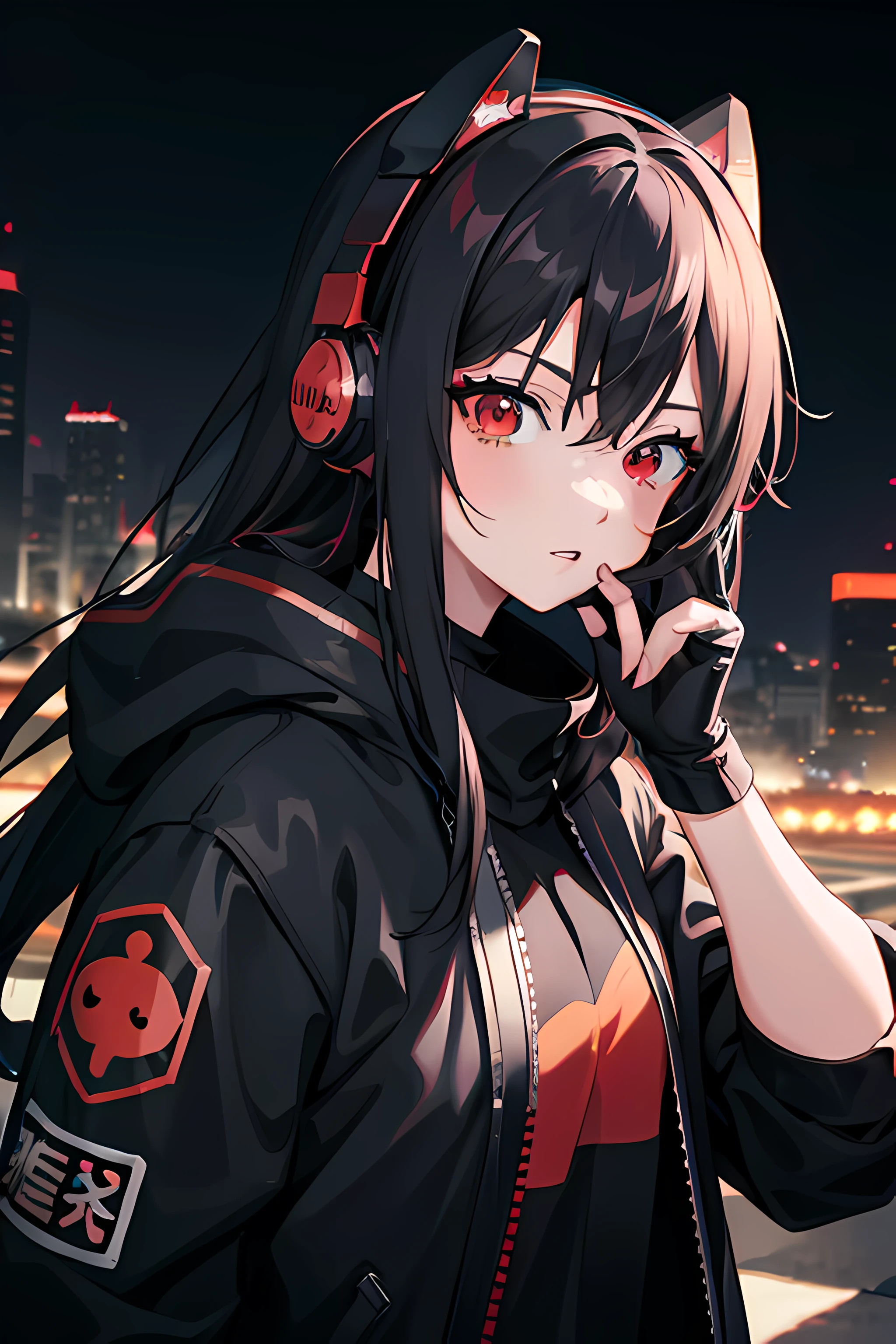 Anime Girl Character with Red Eyes, Headphones and black clothing with red accents. in einem Raum, Bestes Anime Konachan  4K Hintergrundbild, Anime-Stil 4 K, Cyberpunk-Anime-Girl im Kapuzenpullover, anime art wallpaper 8 k, anime art wallpaper 4 k, anime art wallpaper 4k, Anime Moe Kunststil, 4k Anime Hintergrundbild, Anime Hintergrundbild 4k, Anime Hintergrundbilder 4k, Badass Anime 8 K