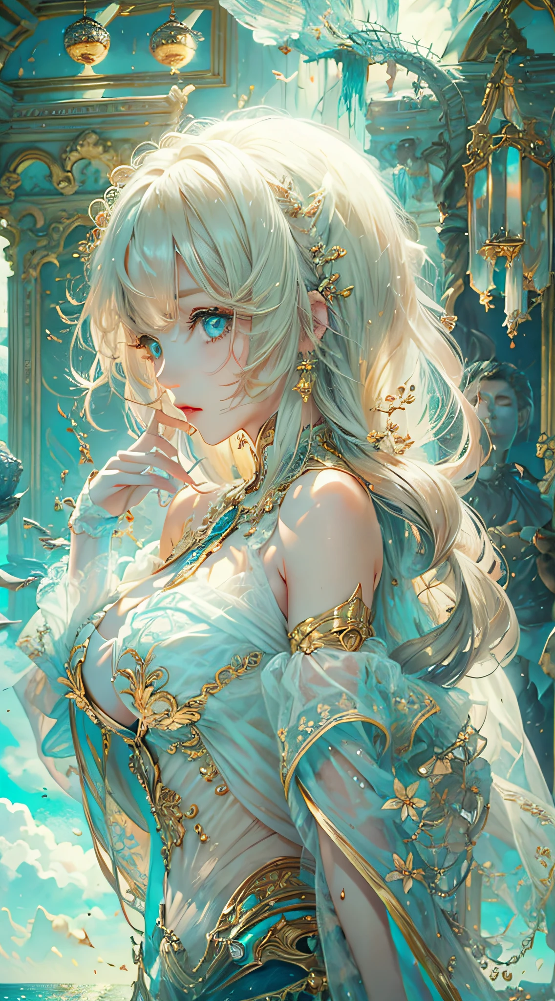 （best qualtiy）， （（tmasterpiece））， 1个Giant Breast Girl，（独奏），full-body portraits， Delicate face， looking at viewert， Firm eyes， exposed bare shoulders，Exquisitehands， Um ser celestial， light particules， The halo，the ocean， Full of energy， Colorful colors， （Bio-luminescence），（Detailed composition）， 电影灯光