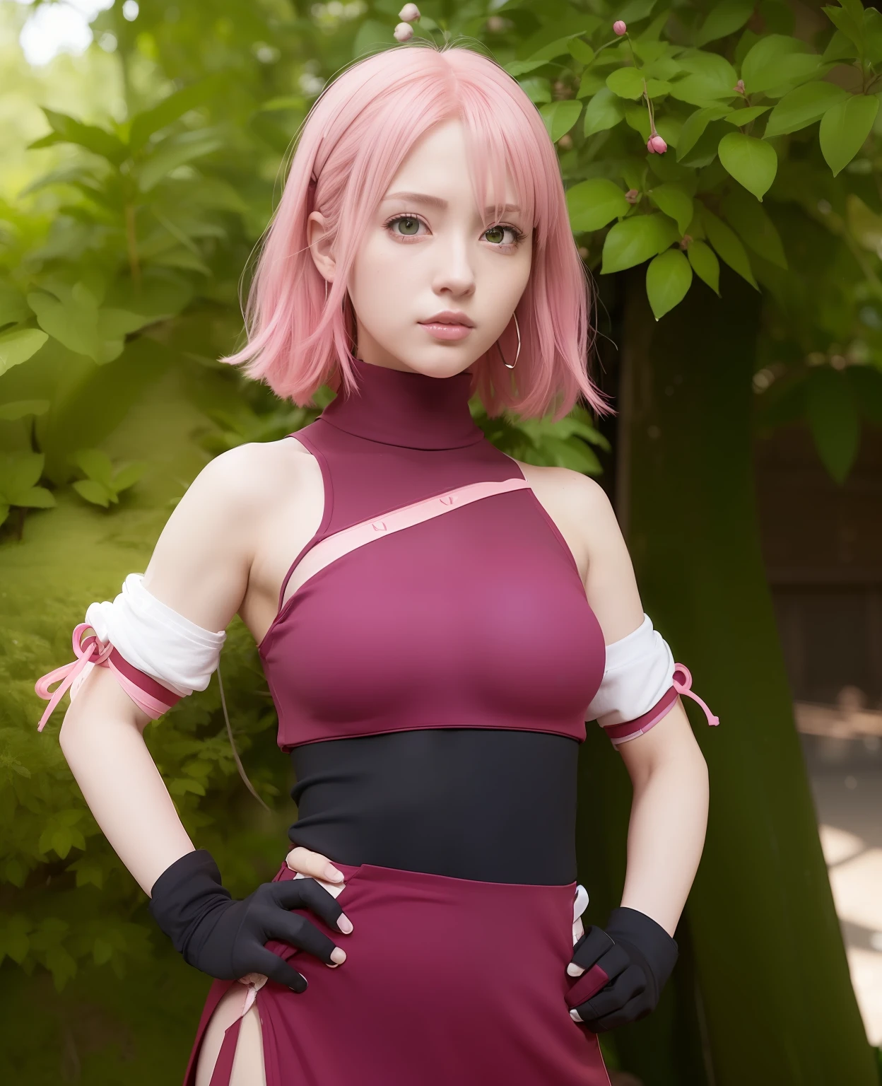 (( 1 girl )), (( sakura haruno)), ((red clothes )), (( pink hair )), (( short hair )), (( pink peach lips)), ((glossy lips)) (( red bando)),(( green eyes)) ((Best quality)), ((masterpiece)), (detailed:1.4), 3D, an image of a beautiful cyberpunk female,HDR (High Dynamic Range),Ray Tracing,NVIDIA RTX,Super-Resolution,Unreal 5,Subsurface scattering,PBR Texturing,Post-processing,Anisotropic Filtering,Depth-of-field,Maximum clarity and sharpness,Multi-layered textures,Albedo and Specular maps,Surface shading,Accurate simulation of light-material interaction,Perfect proportions,Octane Render,Two-tone lighting,Wide aperture,Low ISO,White balance,Rule of thirds,8K RAW,