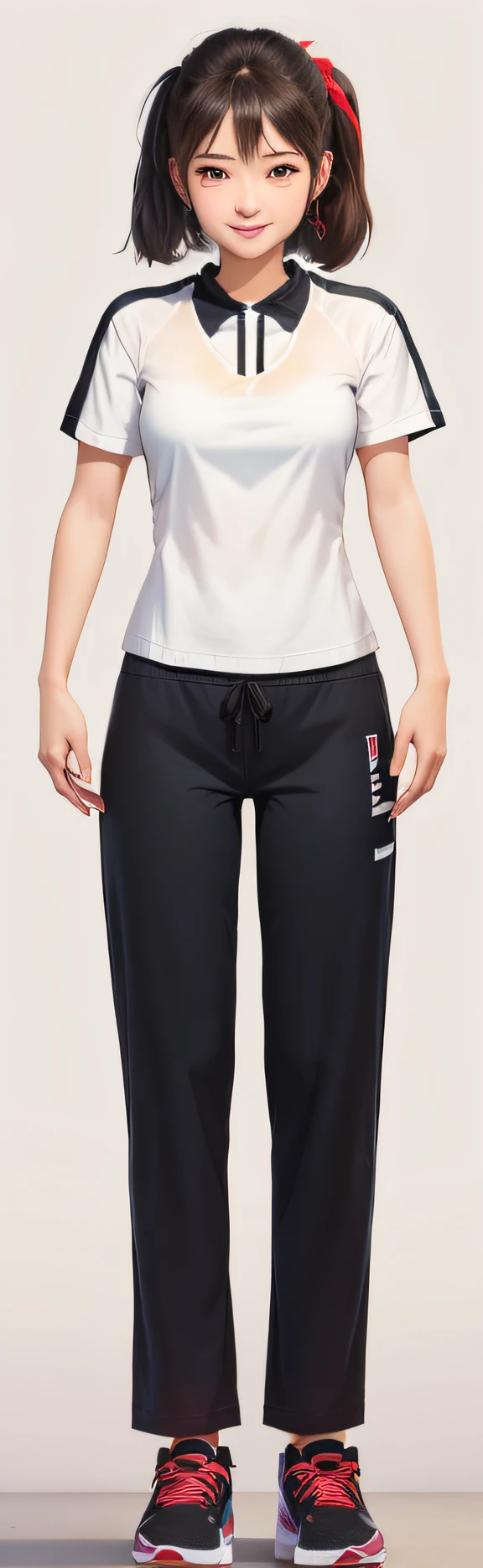 A female high school student,Wears a single ponytail,Wears a single ponytail,Wears a single ponytail,The figure is not so good,Loose white T-shirt,Loose black sweatpants,ssmile