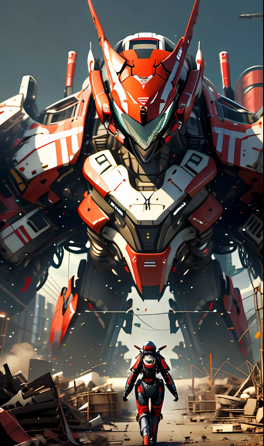 1 woman inside a huge bulky exoskeleton robot , flying in a war sky Cyberpunk
