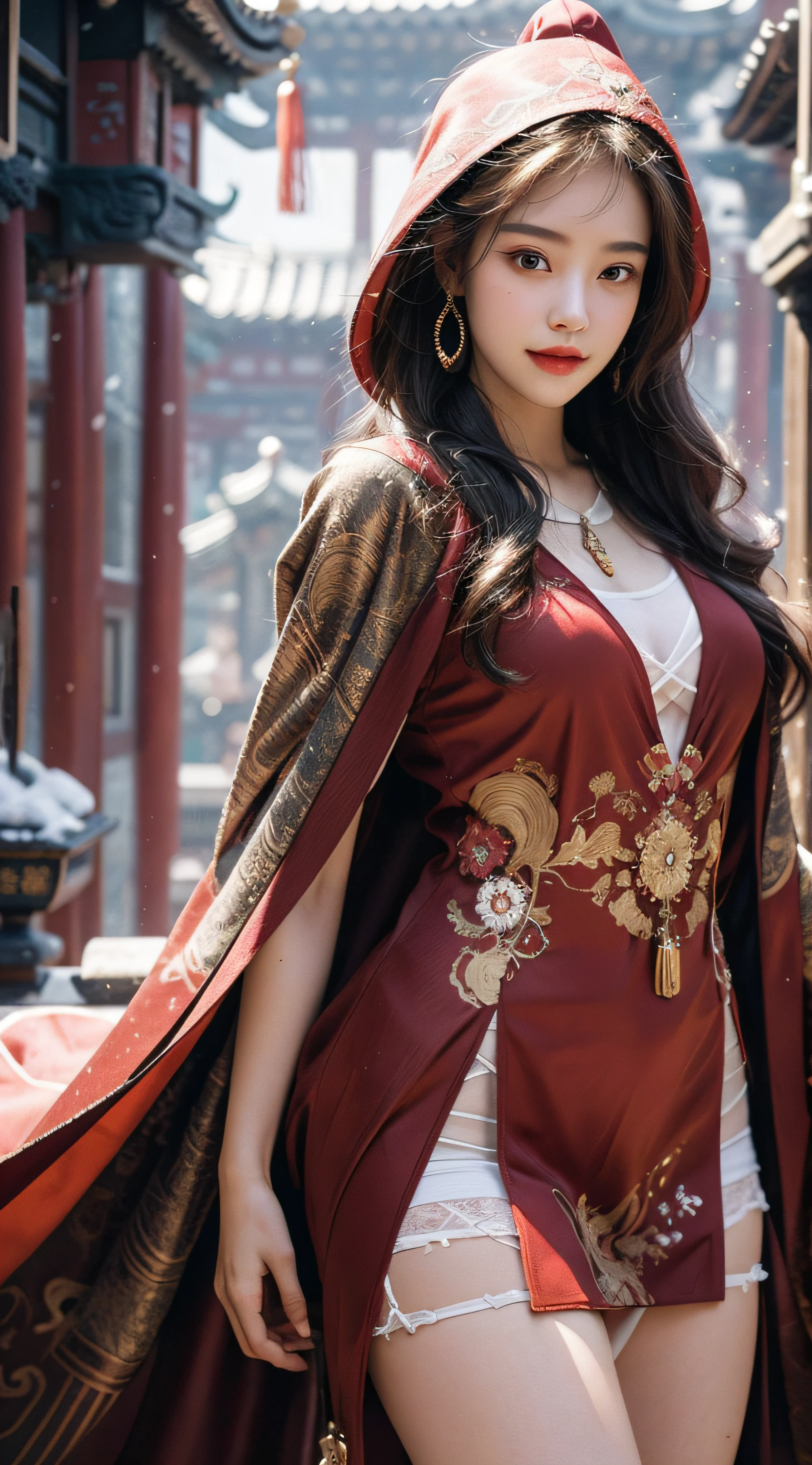 (Masterpiece), (absurderes), Cowboy shot, Shiny skin, Girl, Solo, pupils sparkling, long eyelasher, Closed mouth, Light smile, Long hair, Striped hair, Wavy hair, Chinese costume,(Red plush cloak:1.2),view the viewer, self-shot, (Snow,Ancient temple), Cinematic lighting,(Ultra-realistic textile textures),