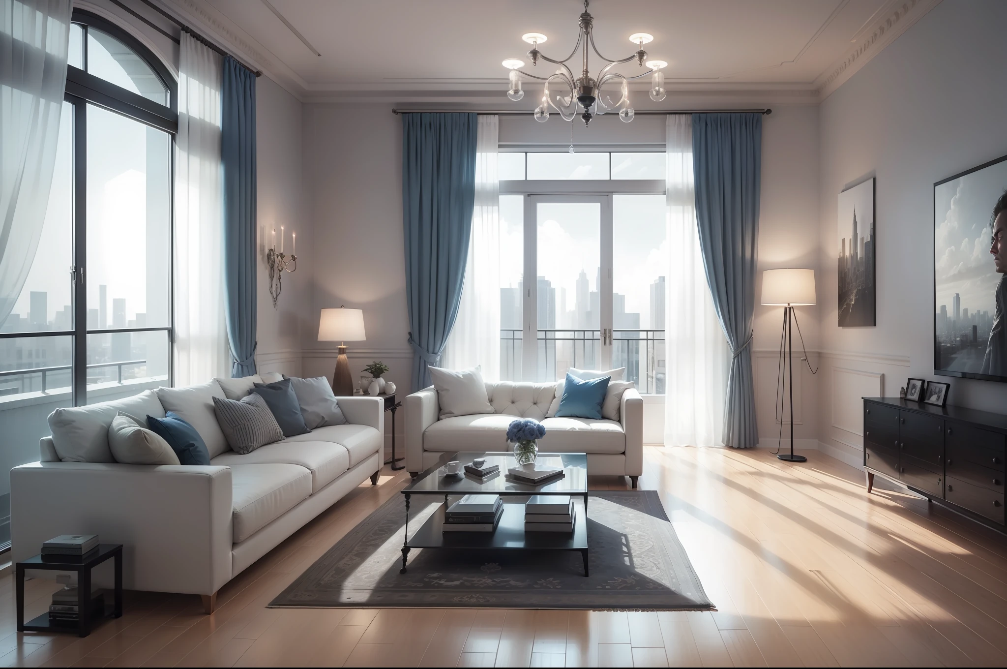 modern living room, ((masterpiece)), (((extremely detailed))), blue light, realistic lighting, (ultra high quality), big windows, black, white, beige, grey