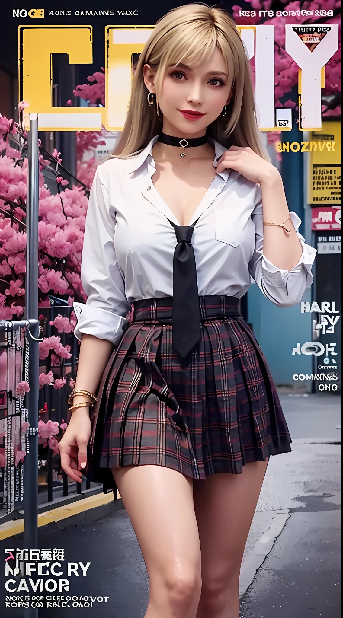 masterpiece, best quality, full body, 1girl, bangs, black choker, black necktie, blonde hair, blue skirt, blush, bracelet, breasts, choker, clothes around waist, collarbone, collared shirt, cowboy shot, dress shirt, ear piercing, eyebrows visible through hair, gradient hair, grin, gyaru, jewelry, kogal, long hair, looking at viewer, loose necktie, necktie, piercing, plaid, plaid skirt, pleated skirt, red eyes, ring, school uniform, shirt, skirt, smile, solo, white shirt, street, sky, cherry blossoms, petals,illustration, (magazine:1.3), (cover-style:1.3), fashionable, woman, vibrant, outfit, posing, front, colorful, dynamic, background, elements, confident, expression, holding, statement, accessory, majestic, coiled, around, touch, scene, text, cover, bold, attention-grabbing, title, stylish, font, catchy, headline, larger, striking, modern, trendy, focus, fashion,
