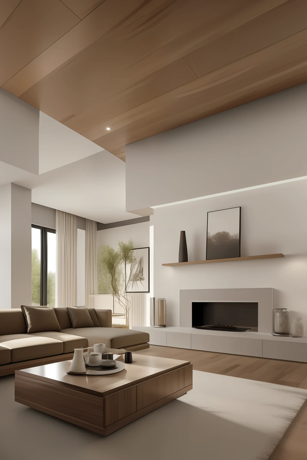 Living room with sofa and coffee table, 3Drenderingof， Realistic photography，interior scenes