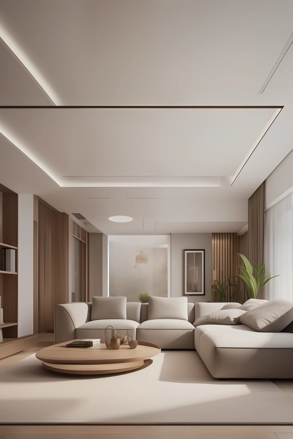 Living room with sofa and coffee table, 3Drenderingof， Realistic photography，interior scenes