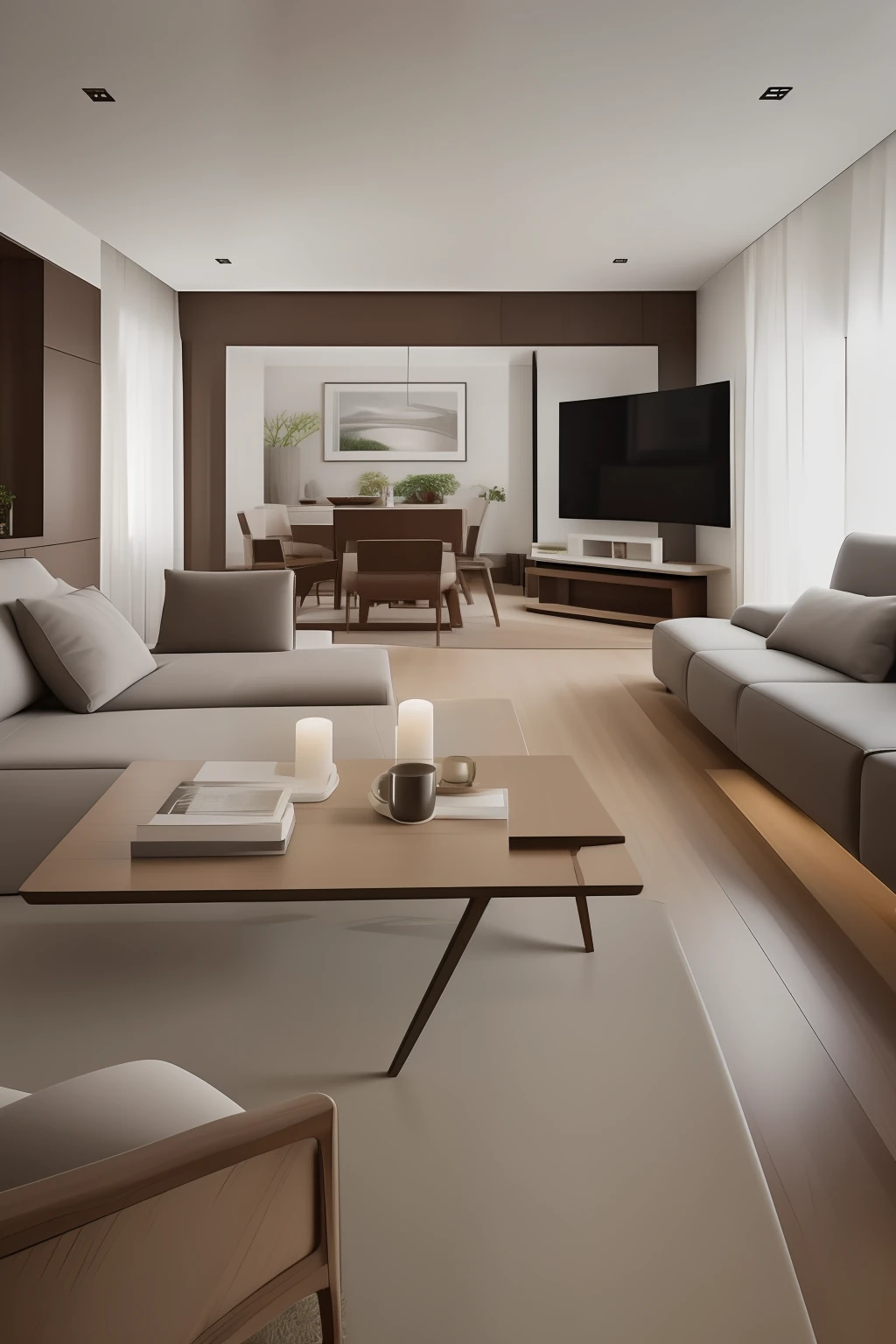 Living room with sofa and coffee table, 3Drenderingof， Realistic photography，interior scenes