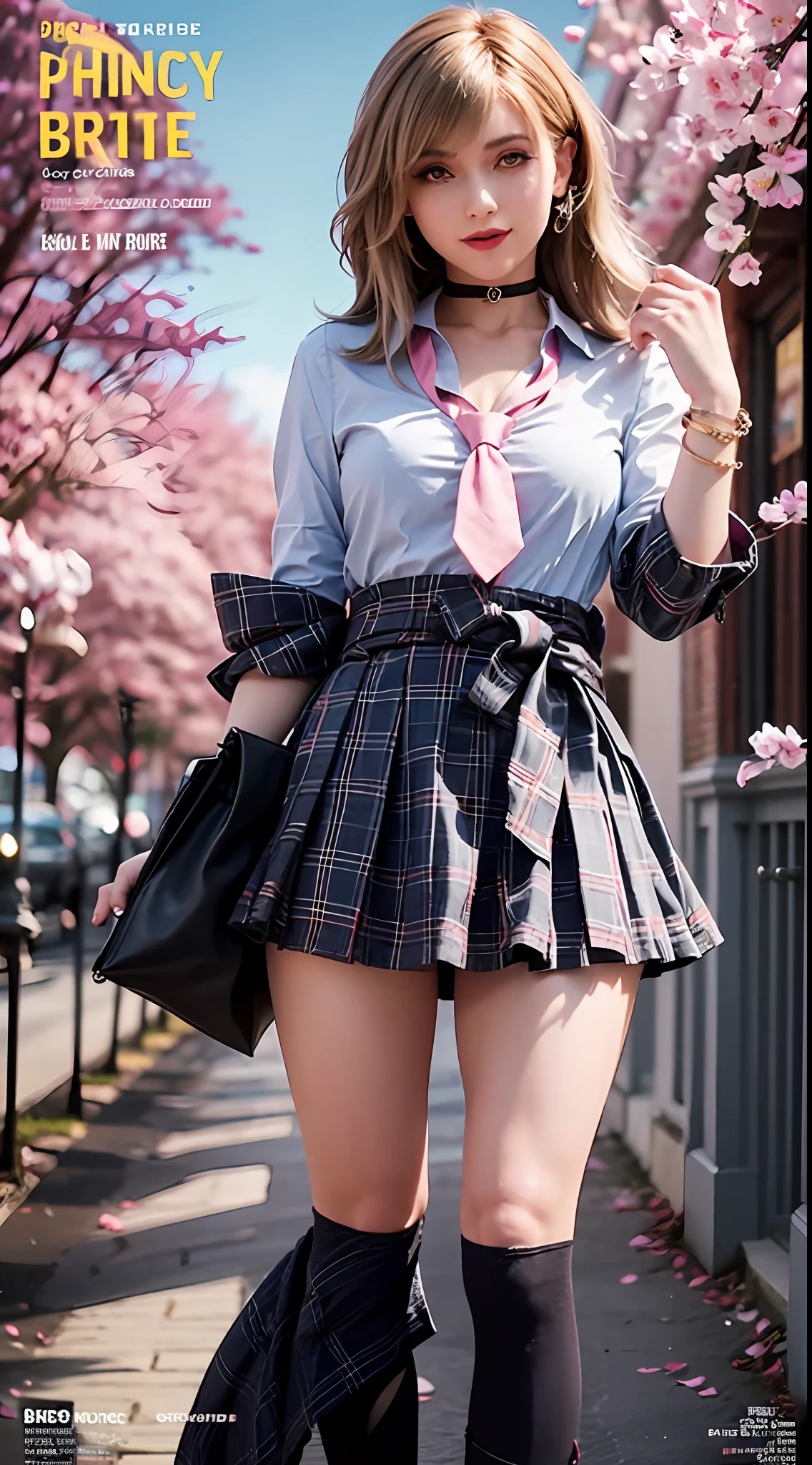 masterpiece, best quality, full body, 1girl, bangs, black choker, black necktie, blonde hair, blue skirt, blush, bracelet, breasts, choker, clothes around waist, collarbone, collared shirt, cowboy shot, dress shirt, ear piercing, eyebrows visible through hair, gradient hair, grin, gyaru, jewelry, kogal, long hair, looking at viewer, loose necktie, necktie, piercing, plaid, plaid skirt, pleated skirt, red eyes, ring, school uniform, shirt, skirt, smile, solo, white shirt, street, sky, cherry blossoms, petals,illustration, (magazine:1.3), (cover-style:1.3), fashionable, woman, vibrant, outfit, posing, front, colorful, dynamic, background, elements, confident, expression, holding, statement, accessory, majestic, coiled, around, touch, scene, text, cover, bold, attention-grabbing, title, stylish, font, catchy, headline, larger, striking, modern, trendy, focus, fashion,