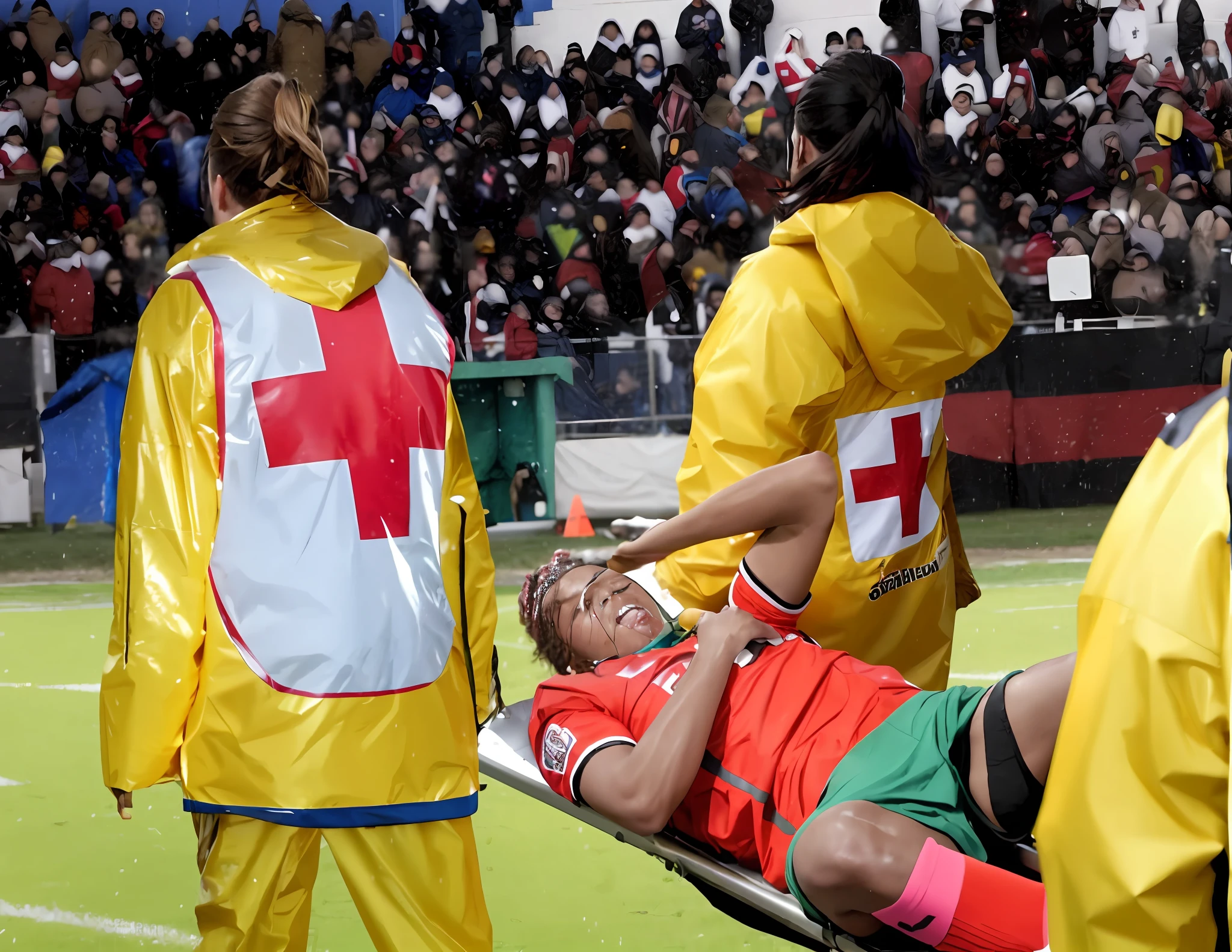 longhaired and ponytailed women that are wearing very shiny coats, there are longhaired women wearing laquered puffy coats, longhaired women are walking in wetlook puffy coats, several women walking around a football field with an injured athlete on a stretcher, the injured athlete on the stretcher covers his face with both hands, the women look very worried, behind the women there is a frightening atmosphere, there is heavy rainfall in the background, video still, behind the scenes, Malika Favre, screenshot, footage, 4 0 9 6, cover photo, aesthetic shot, dramatic mood, intense scene, Making of, Mongezi Ncaphayi, Thriller atmosphere, Filming, Edited