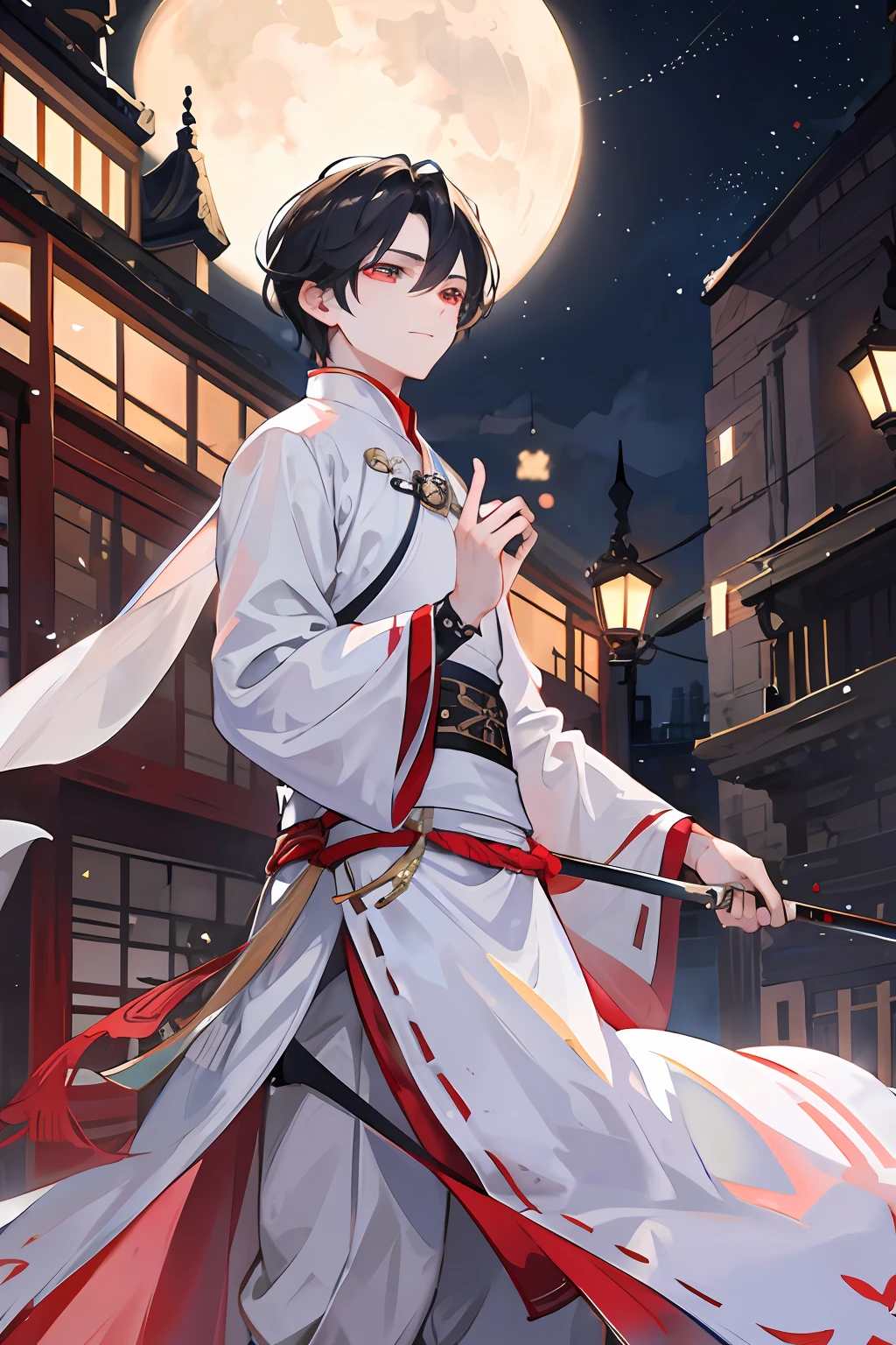 1boy,Night Old City,Sateen,Hanfu,Sabre at the waist