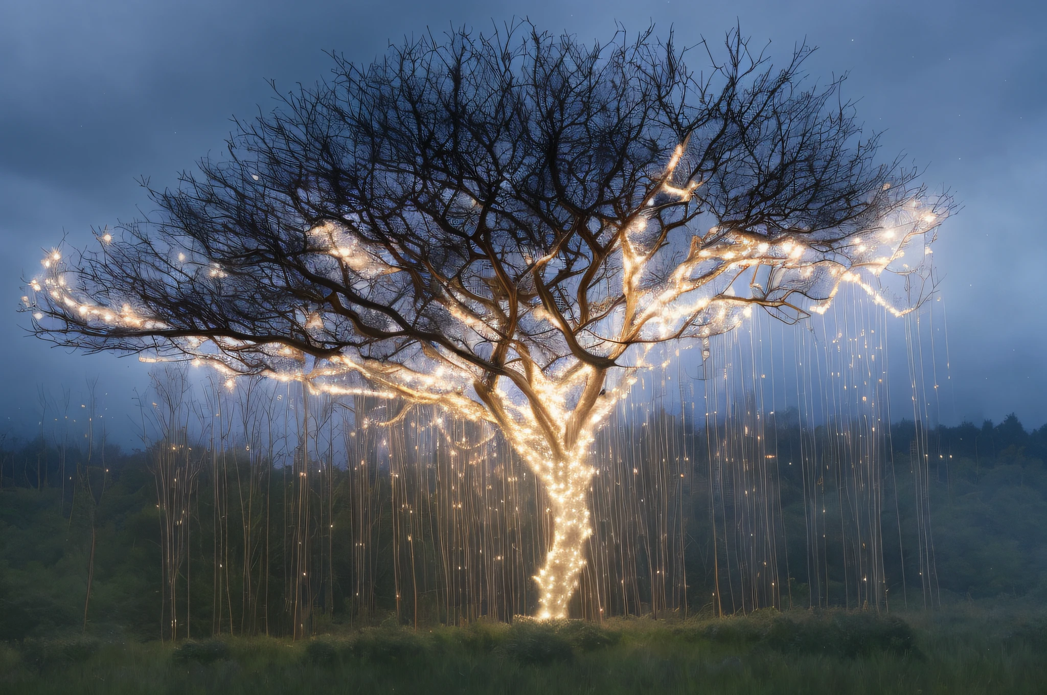 A tree surrounds the forest，There is a tree in the middle of the deep forest，There are lights on it, Magical tree, lightening tree, enchanted tree, A beautiful tree, magical lighting, Fantasy Tree, Ethereal lights, magical lighting, mystical lighting, Natural lighting, Ethereal light, magical scene, large magical trees, Ethereal lighting, ethereal lighting - h 640, with ethereal light, fairy lights
