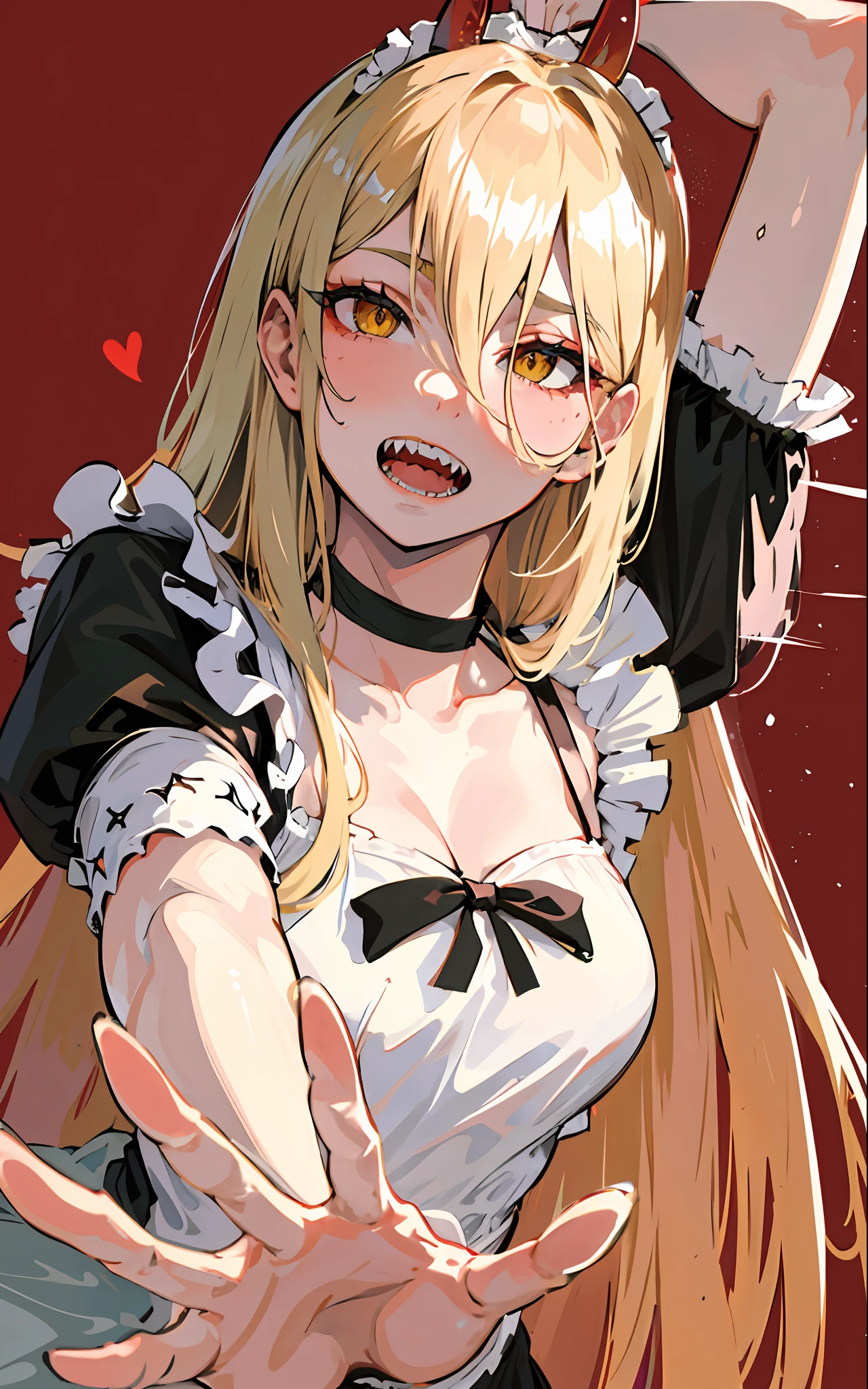 tmasterpiece， (Sharp teeth:1.1),（Ultra detailed backgrounds， delicate patterns， Complicated details， highly  detailed， finely detailled）， Best quality at best， strength， 1girll， banya， 独奏， teeth，full of sweat， Panic，A flustered smile，dentes pontiagudos，the maid outfit，  cross-shaped pupils， long whitr hair， Yellow eyes， （（blond hairbl， little breast））， Red horn， jaket， （complex detailed background）， （（（cross-shaped pupils， pupils in symbol shapes）））